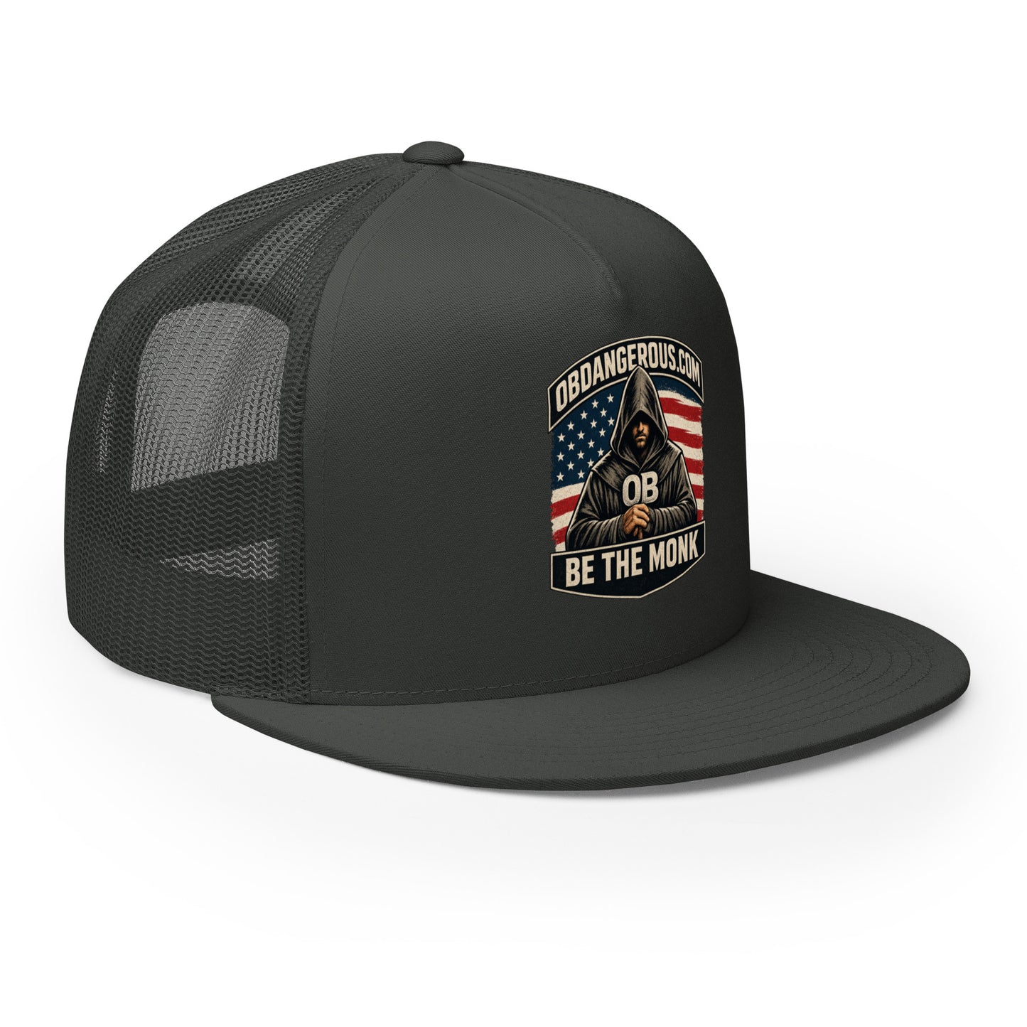Charcoal Be The Monk Trucker Cap with embroidered logo, 5-panel design, by OB DANGEROUS, suitable for gym and streetwear styles.