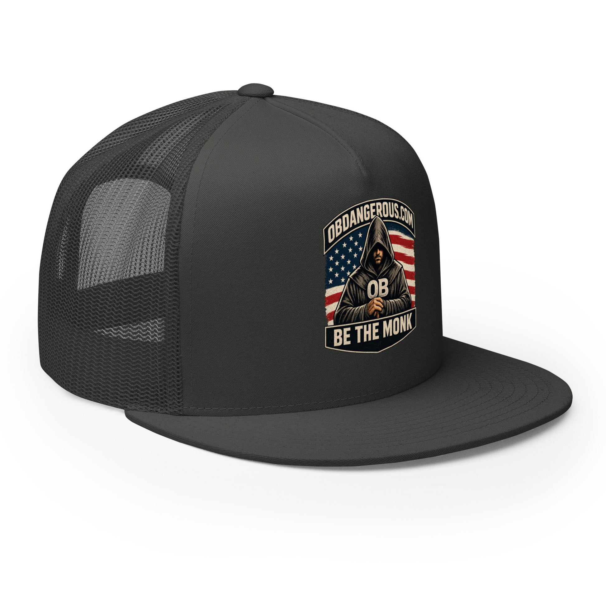 Charcoal Be The Monk Trucker Cap with embroidered logo, 5-panel design, by OB DANGEROUS, suitable for gym and streetwear styles.