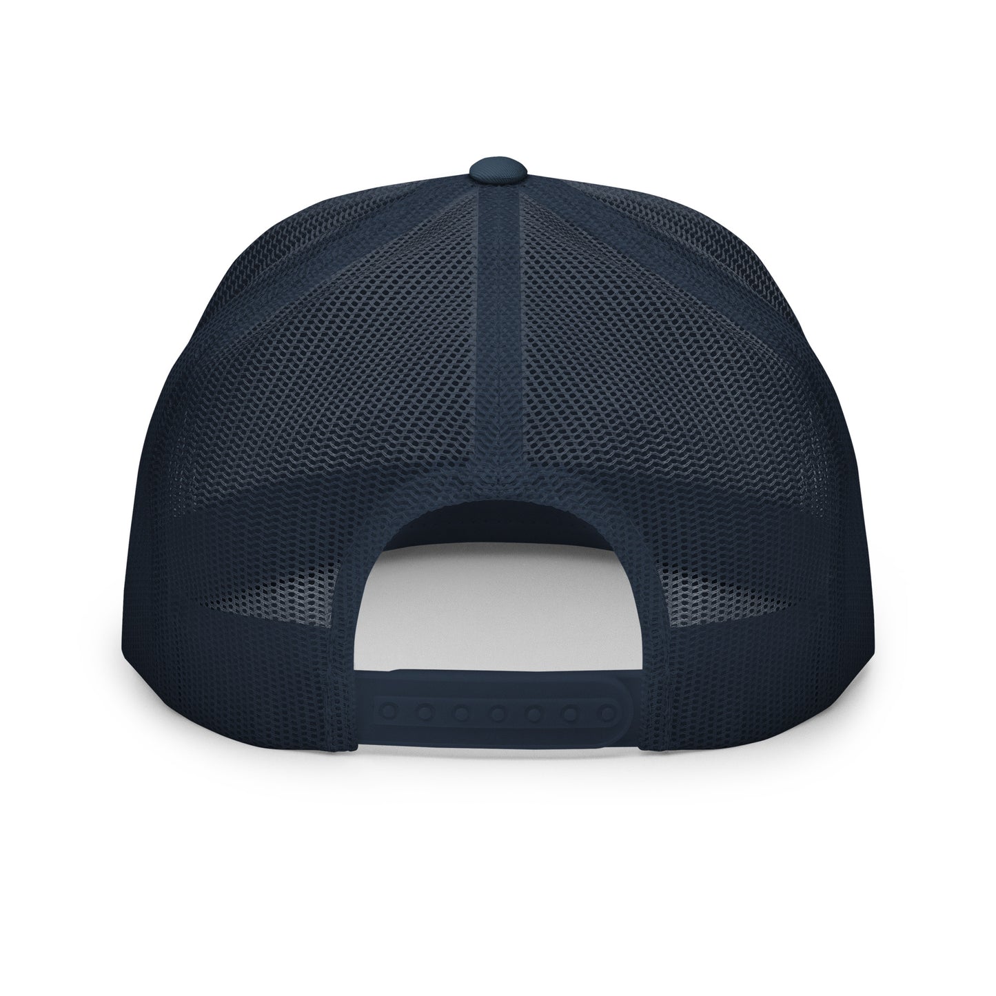 Navy Be The Monk embroidered trucker cap with a 5-panel design, featuring adjustable strap and breathable mesh back.