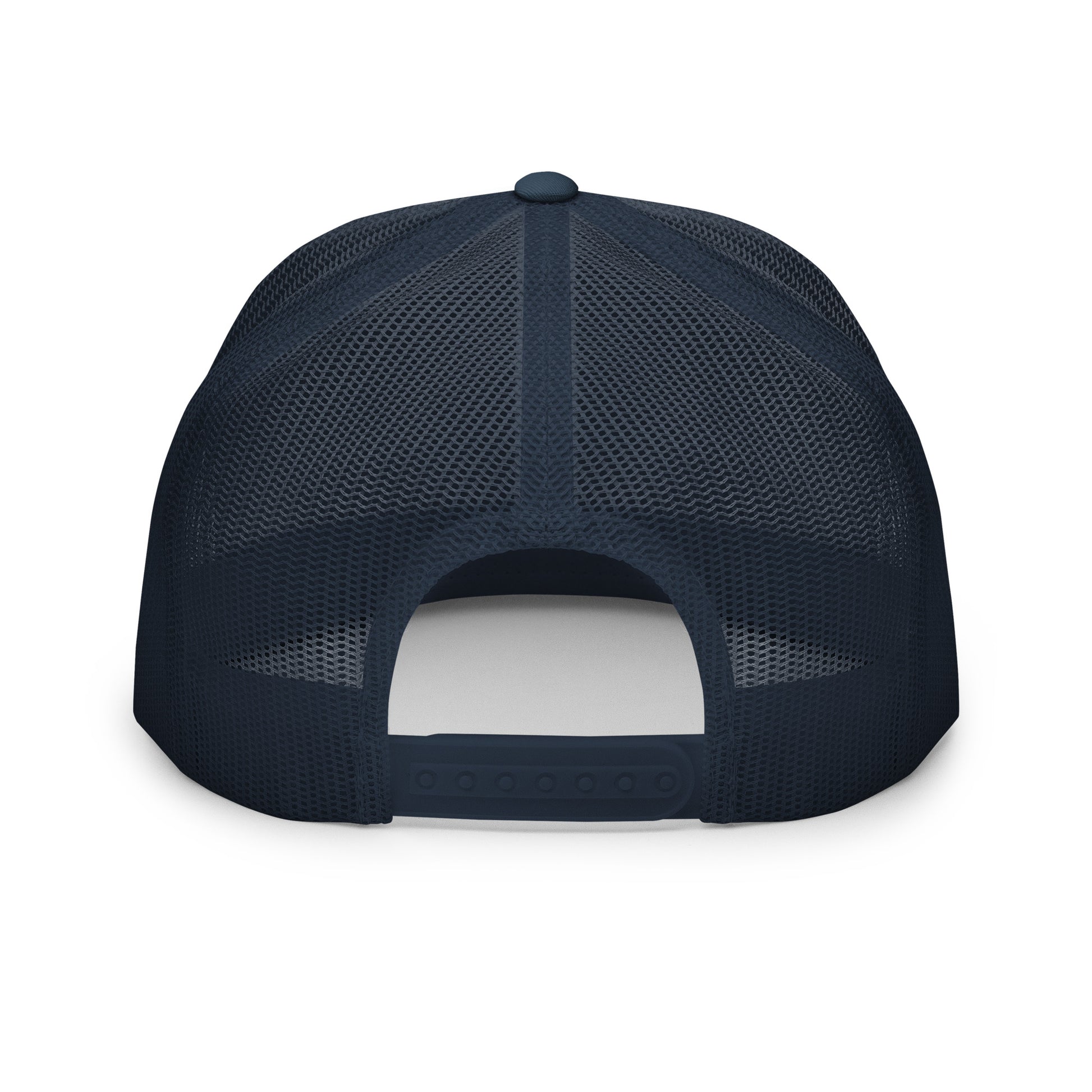 Navy Be The Monk embroidered trucker cap with a 5-panel design, featuring adjustable strap and breathable mesh back.