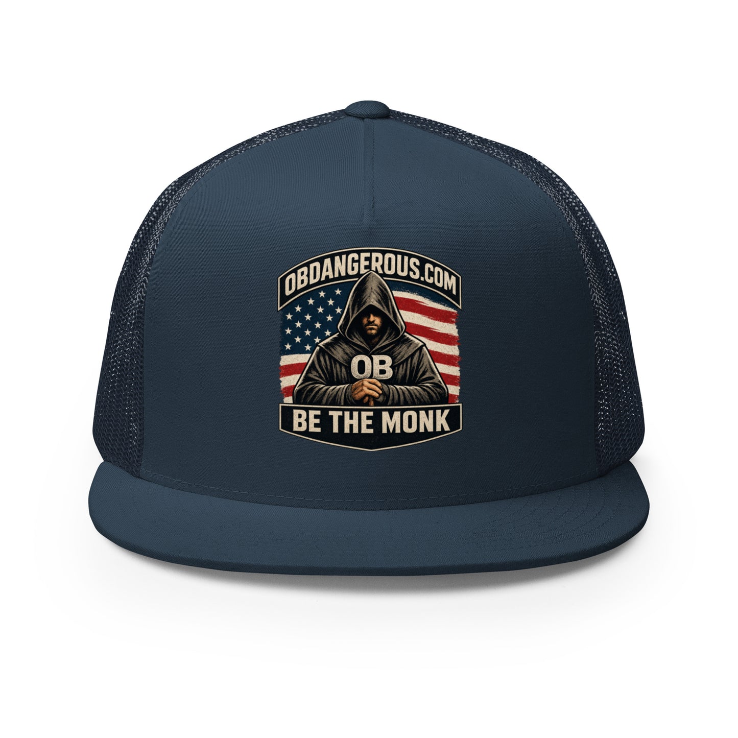 Navy Be The Monk embroidered trucker cap by OB DANGEROUS, featuring a 5-panel design, suitable for gym and streetwear styles.