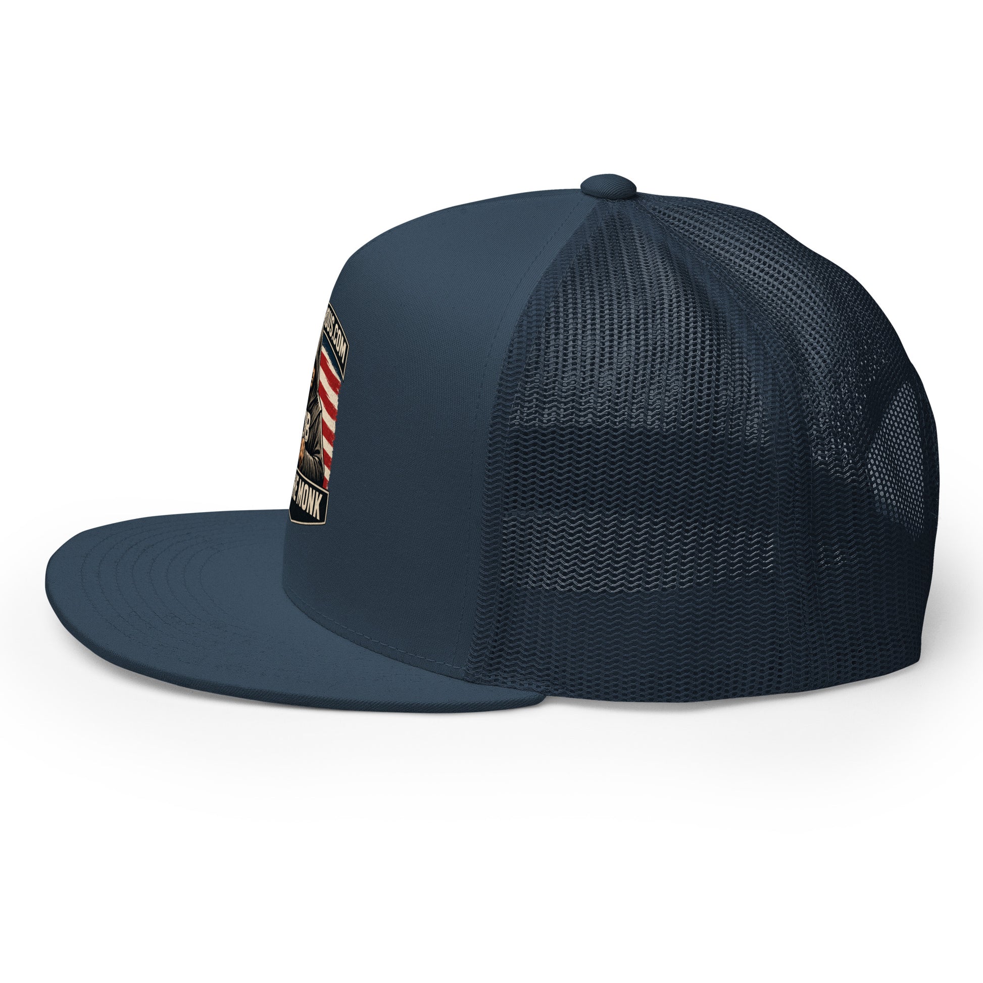 Navy embroidered Be The Monk trucker cap by OB DANGEROUS, 5-panel style, designed for gym, street, and casual wear.