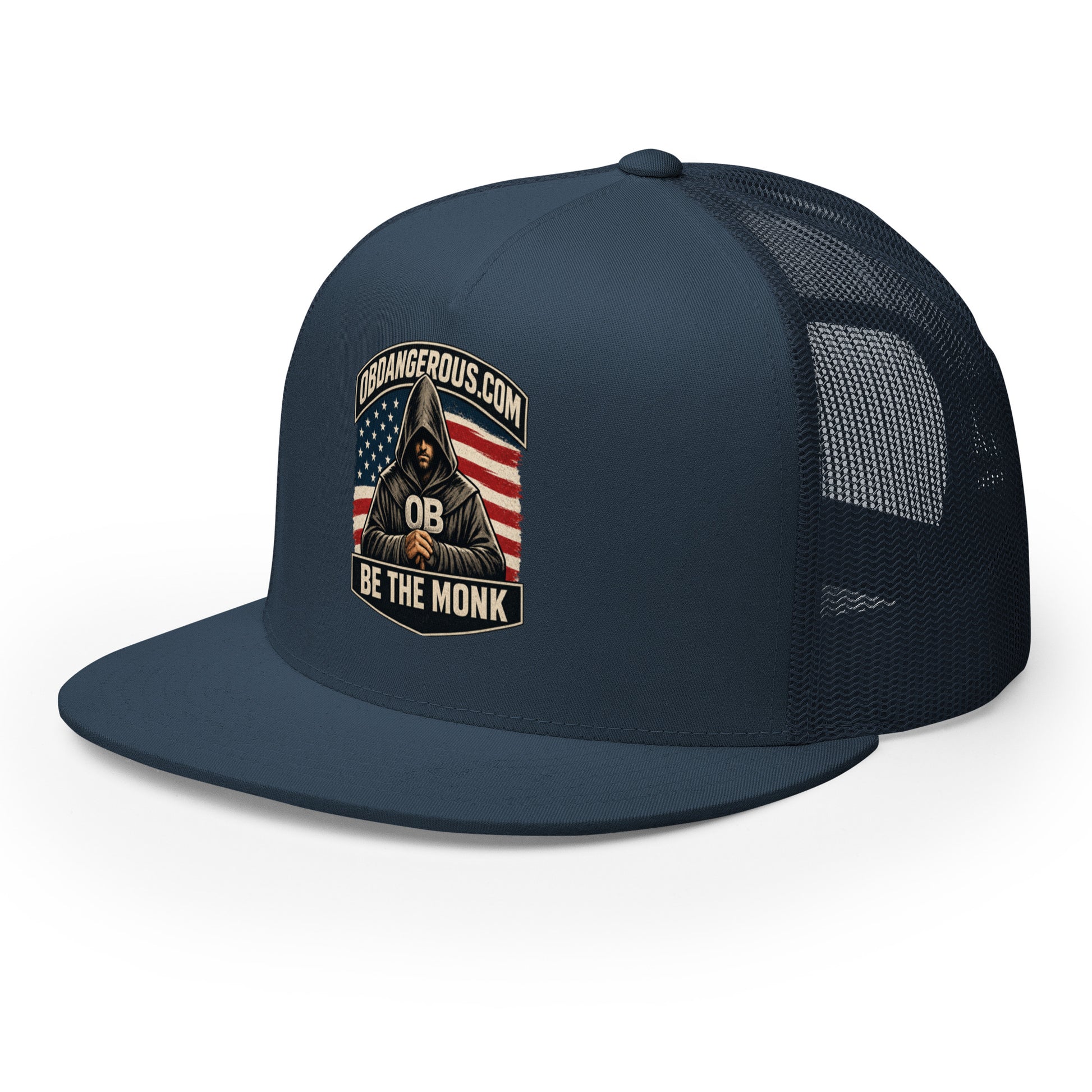 Navy Be The Monk embroidered trucker cap with 5-panel design, featuring front embroidery, ideal for gym and streetwear style.