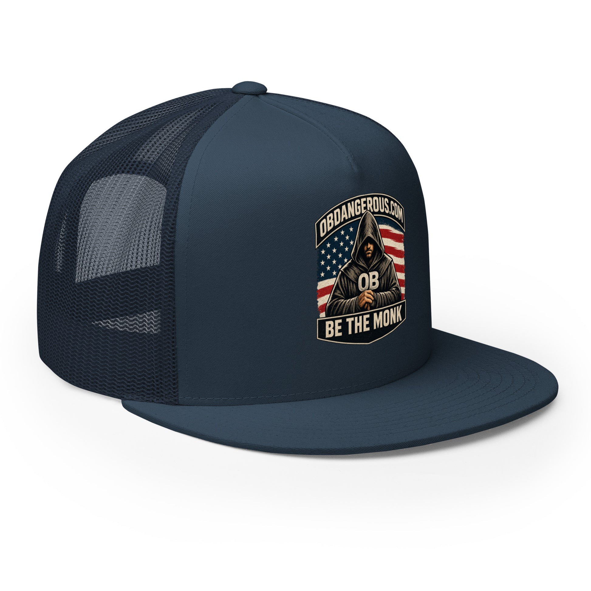 Navy OB DANGEROUS Be The Monk embroidered trucker cap with 5-panel design, right-front view, suitable for gym and streetwear.