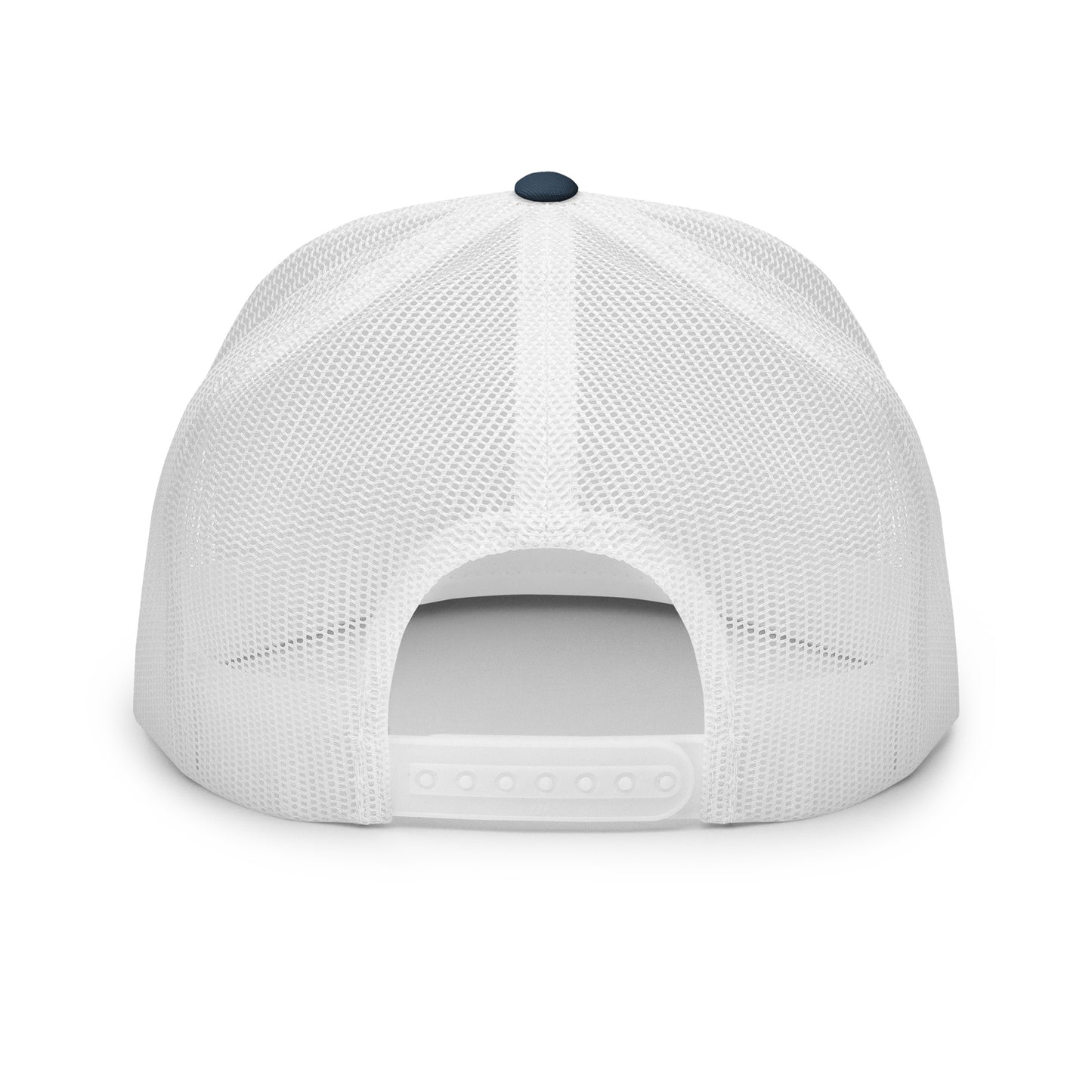 Navy and white embroidered Be The Monk trucker cap by OB DANGEROUS, 5-panel design, suitable for gym and streetwear.
