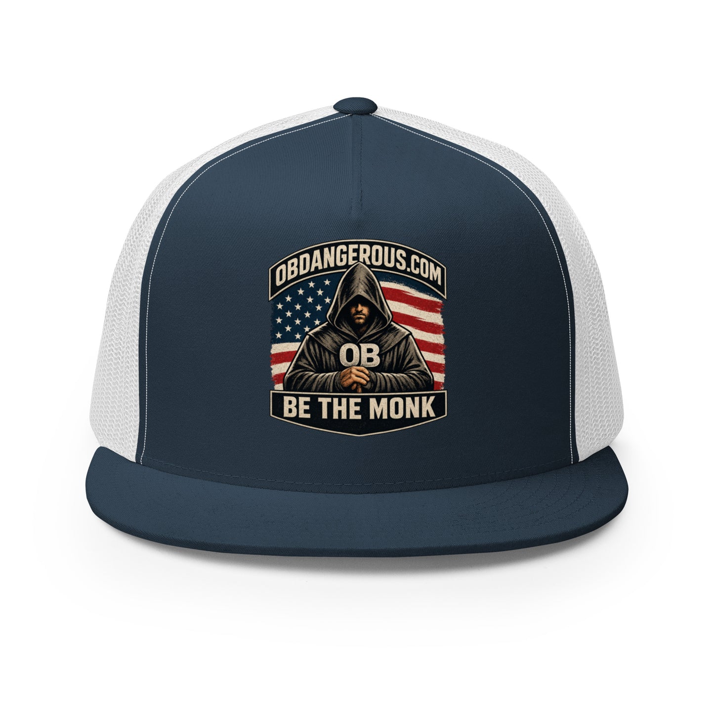 Navy and white embroidered Be The Monk trucker cap by OB DANGEROUS with 5-panel design, suitable for gym and streetwear.