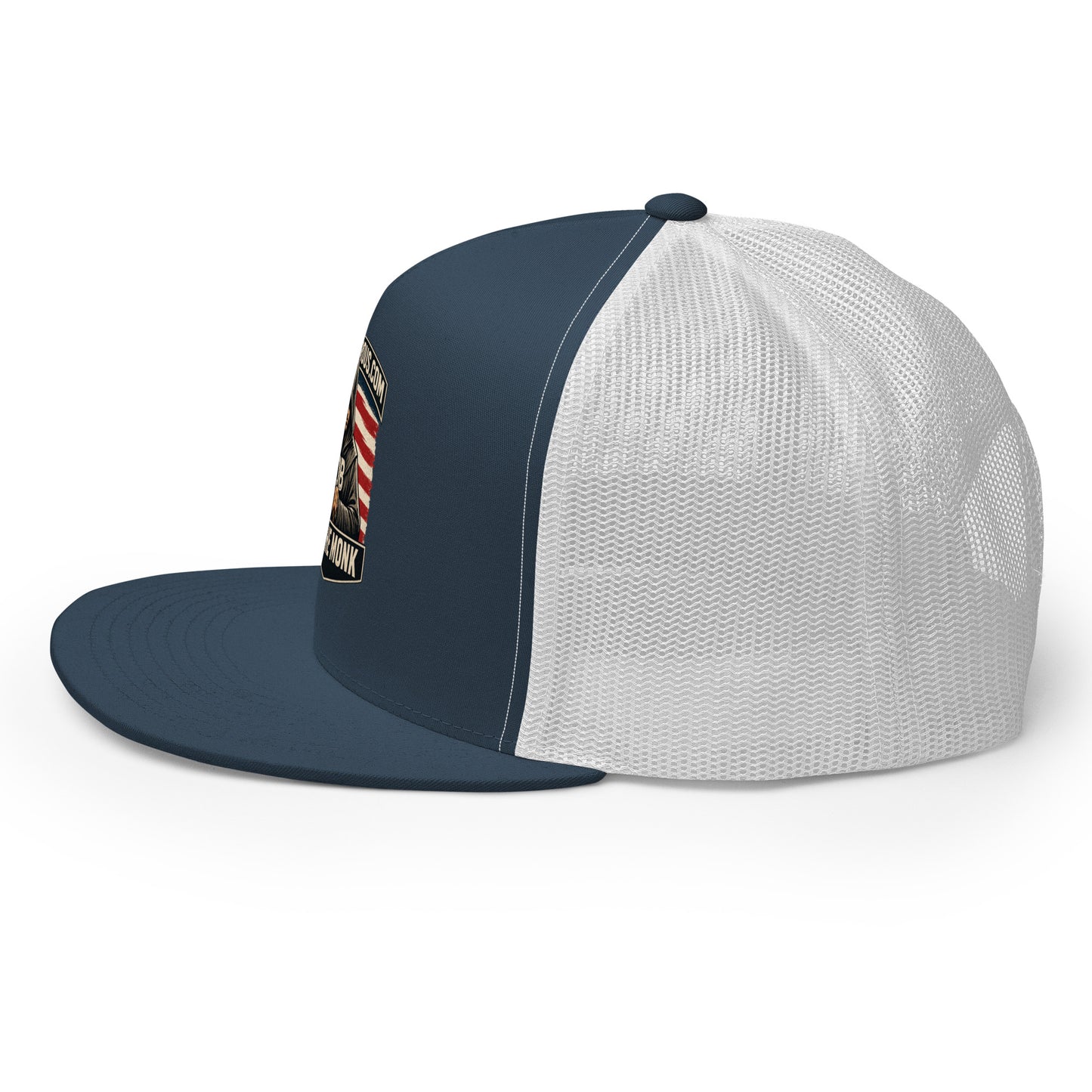 Embroidery Be The Monk trucker cap in navy and white, 5-panel design, suitable for gym, streetwear, and casual styles.