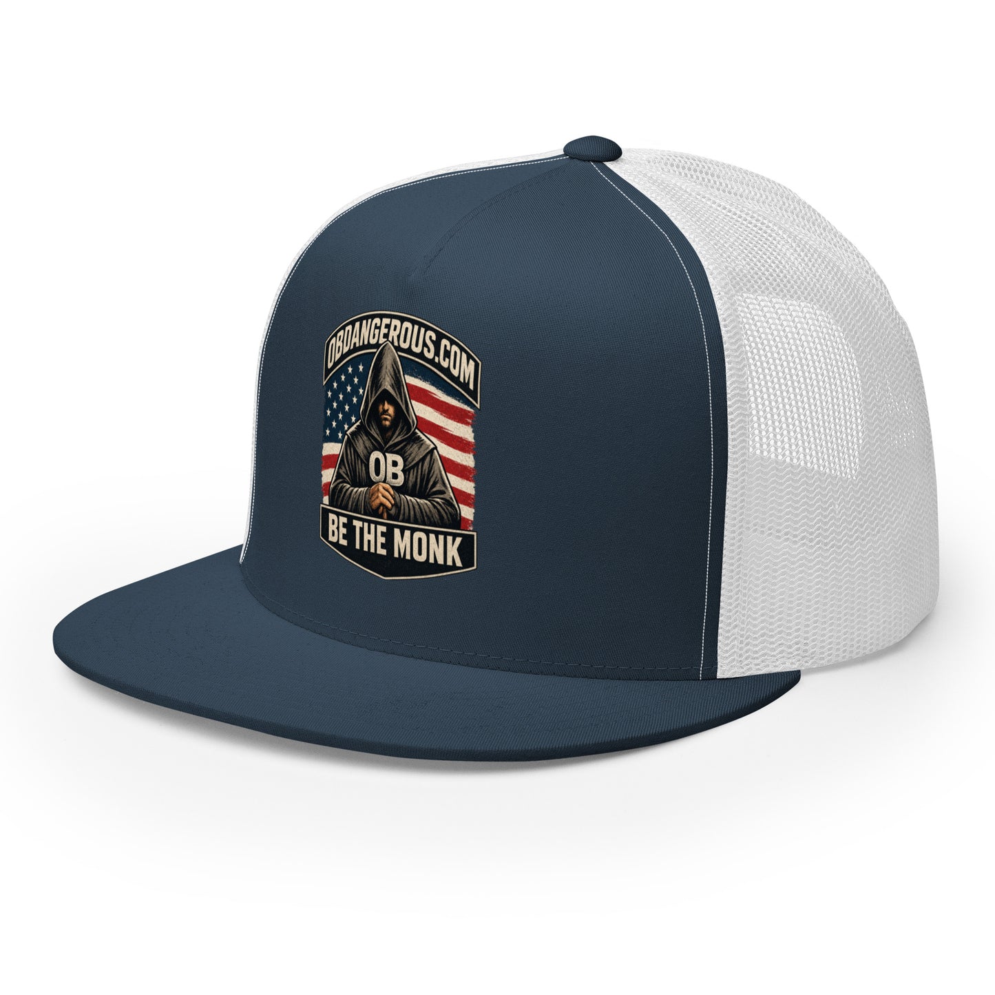 Embroidery Be The Monk trucker cap in navy and white with 5-panel design, suitable for gym and streetwear from OB DANGEROUS.