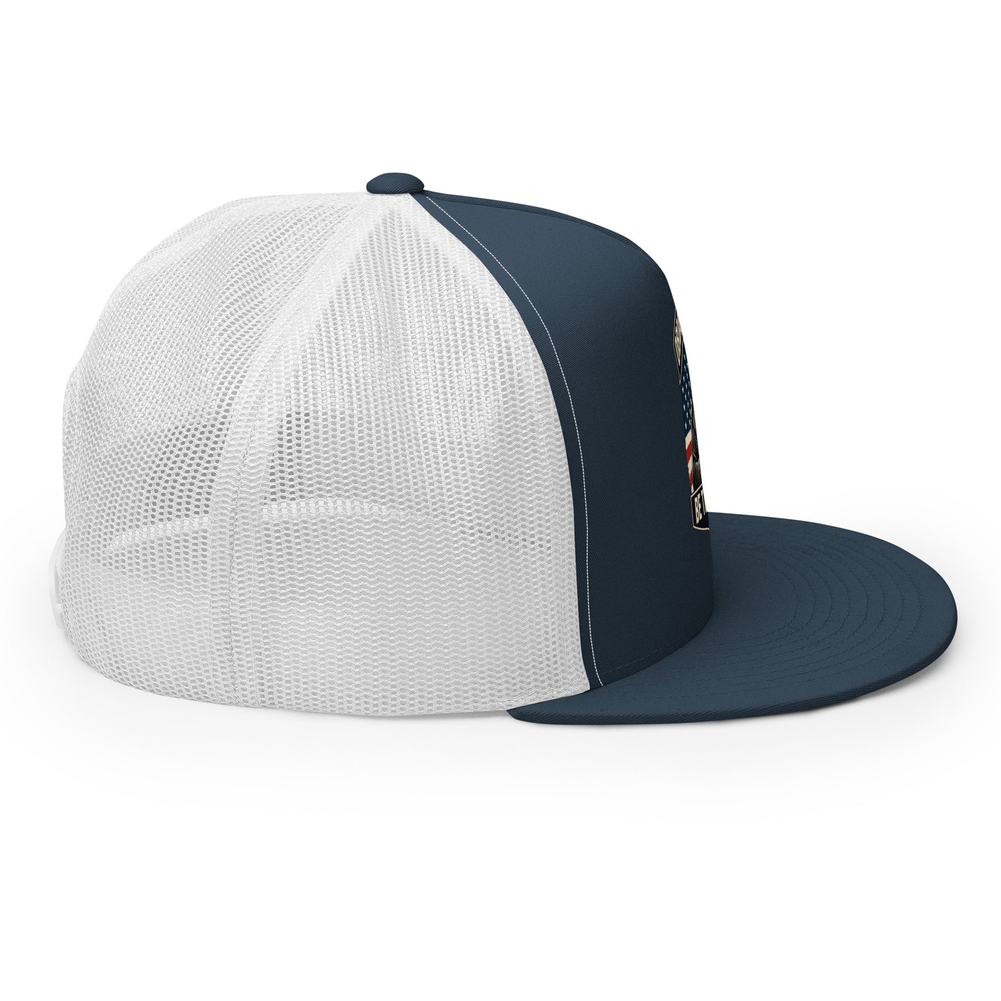 Navy and white embroidered Be The Monk OB DANGEROUS trucker cap with 5-panel design, suitable for gym, street, and casual wear.