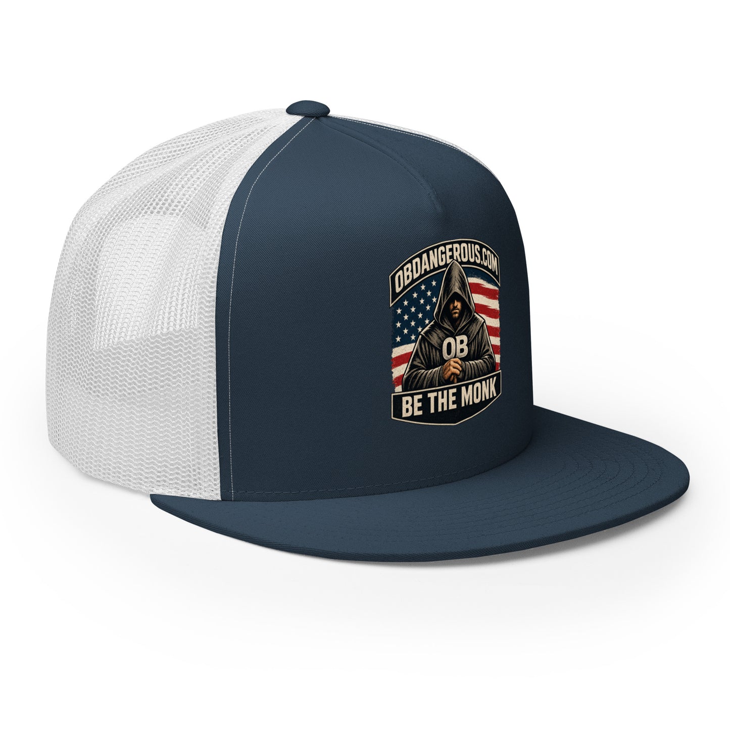 Navy and white embroidered Be The Monk trucker cap with 5-panel design, featuring OB DANGEROUS branding on the front.