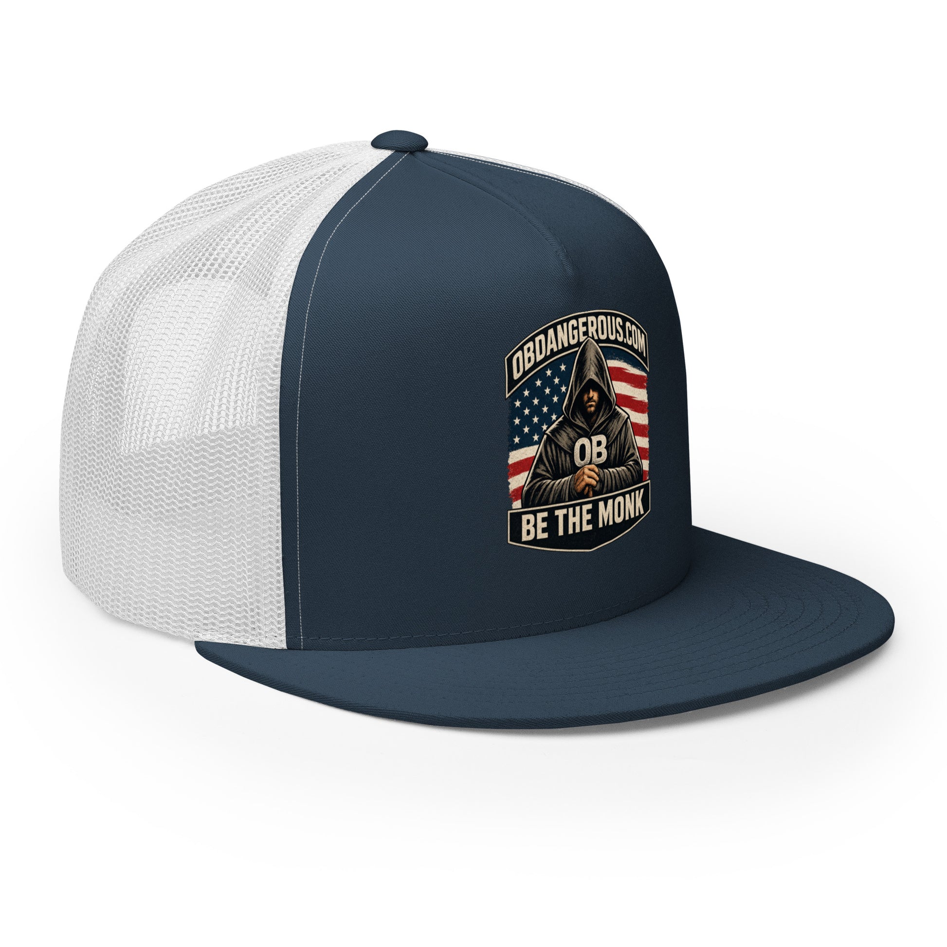 Navy and white embroidered Be The Monk trucker cap with 5-panel design, featuring OB DANGEROUS branding on the front.