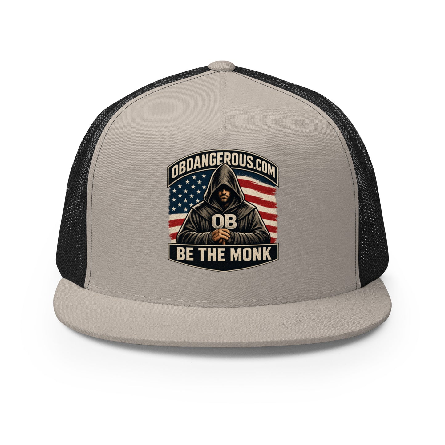 OB DANGEROUS Be The Monk embroidered 5-panel trucker cap in silver and black, designed for gym, street, and casual wear.