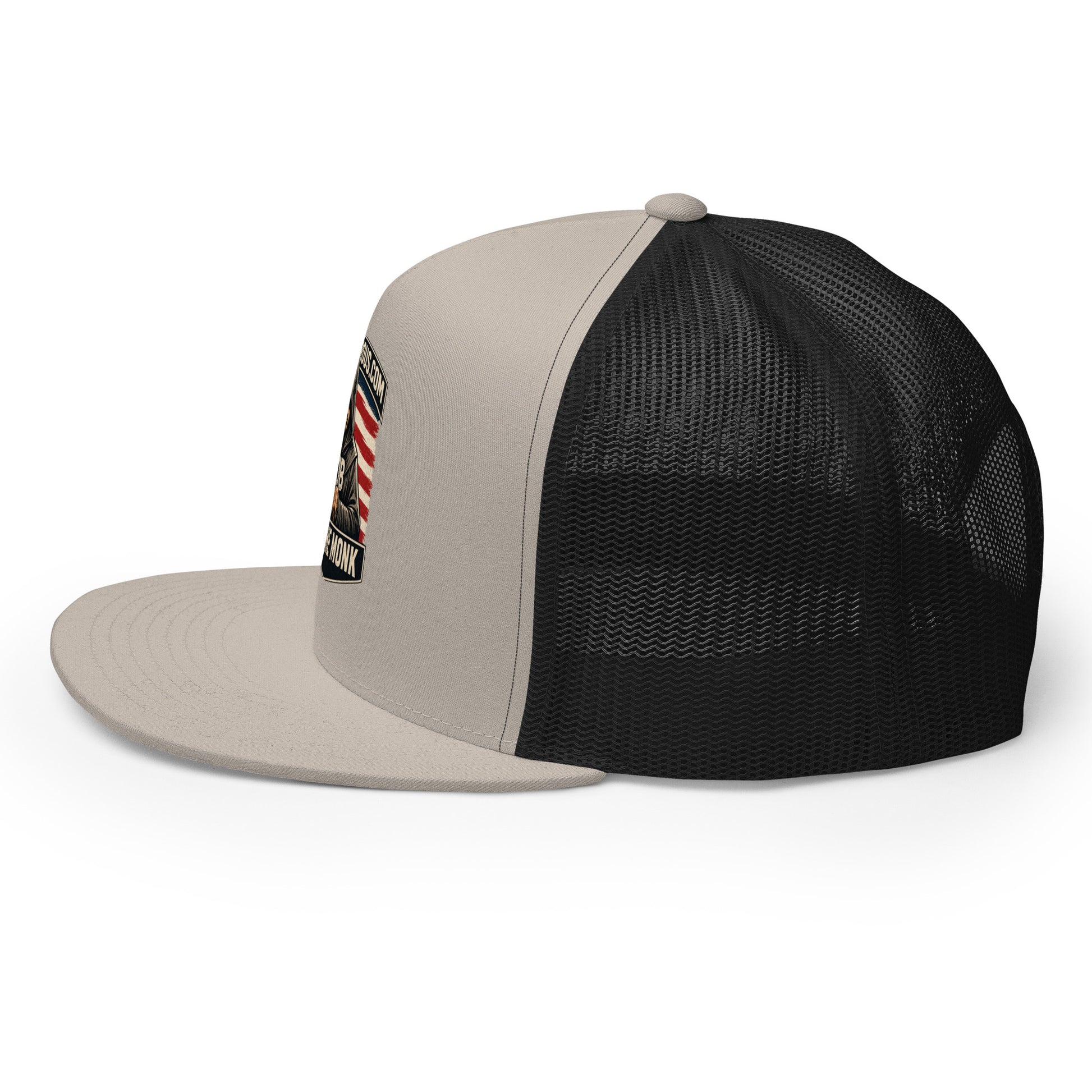Silver and black embroidered Be The Monk trucker cap by OB DANGEROUS, featuring a 5-panel design for gym and street style.