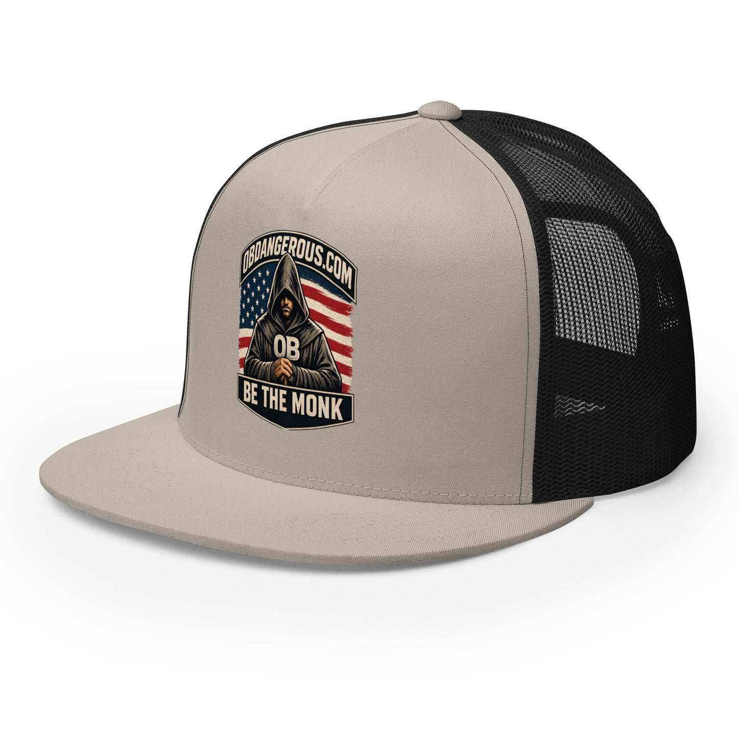 Silver and black embroidered Be The Monk trucker cap by OB DANGEROUS, featuring a 5-panel design for gym and streetwear style.