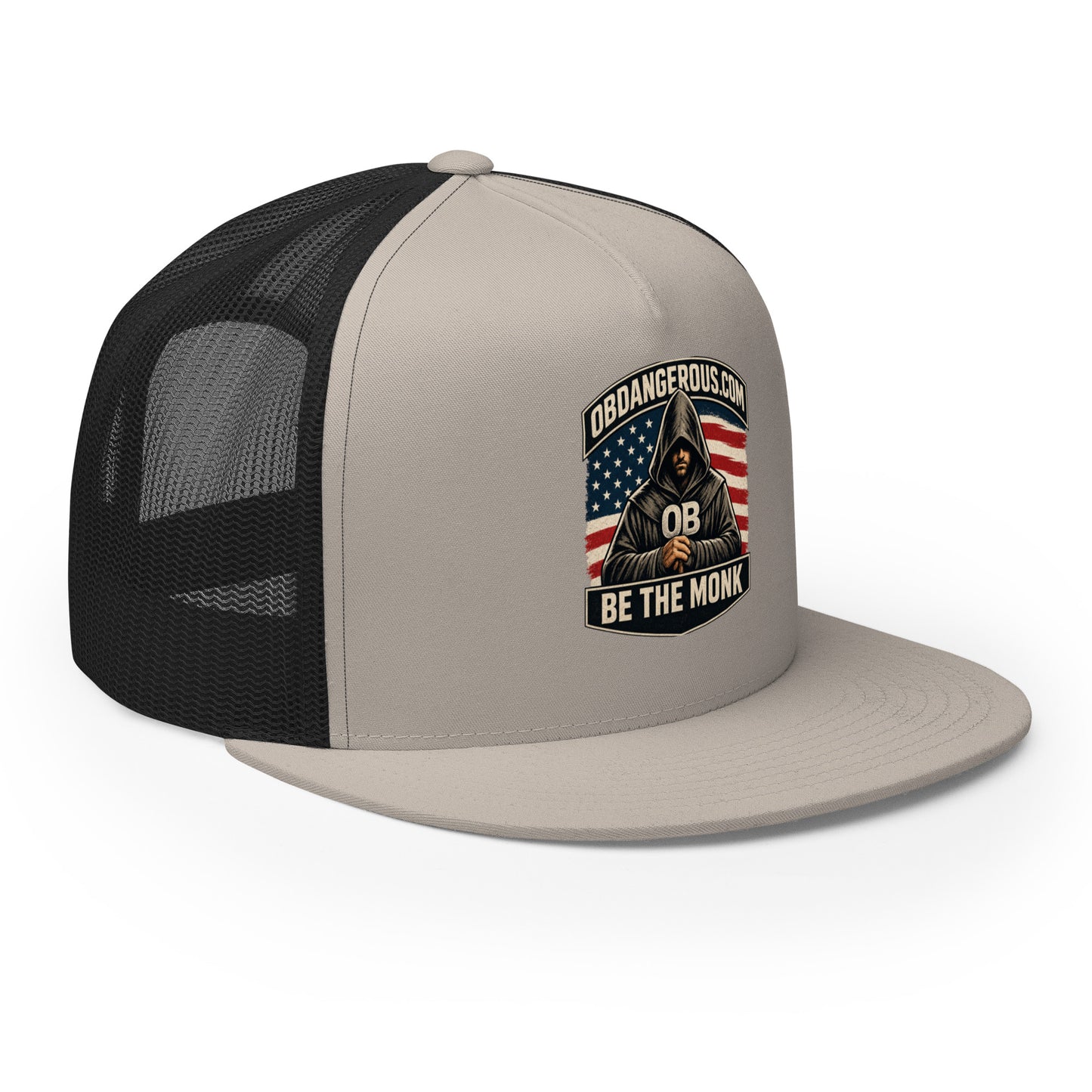 Silver and black embroidered Be The Monk trucker cap by OB DANGEROUS, featuring a 5-panel design, right-front view.