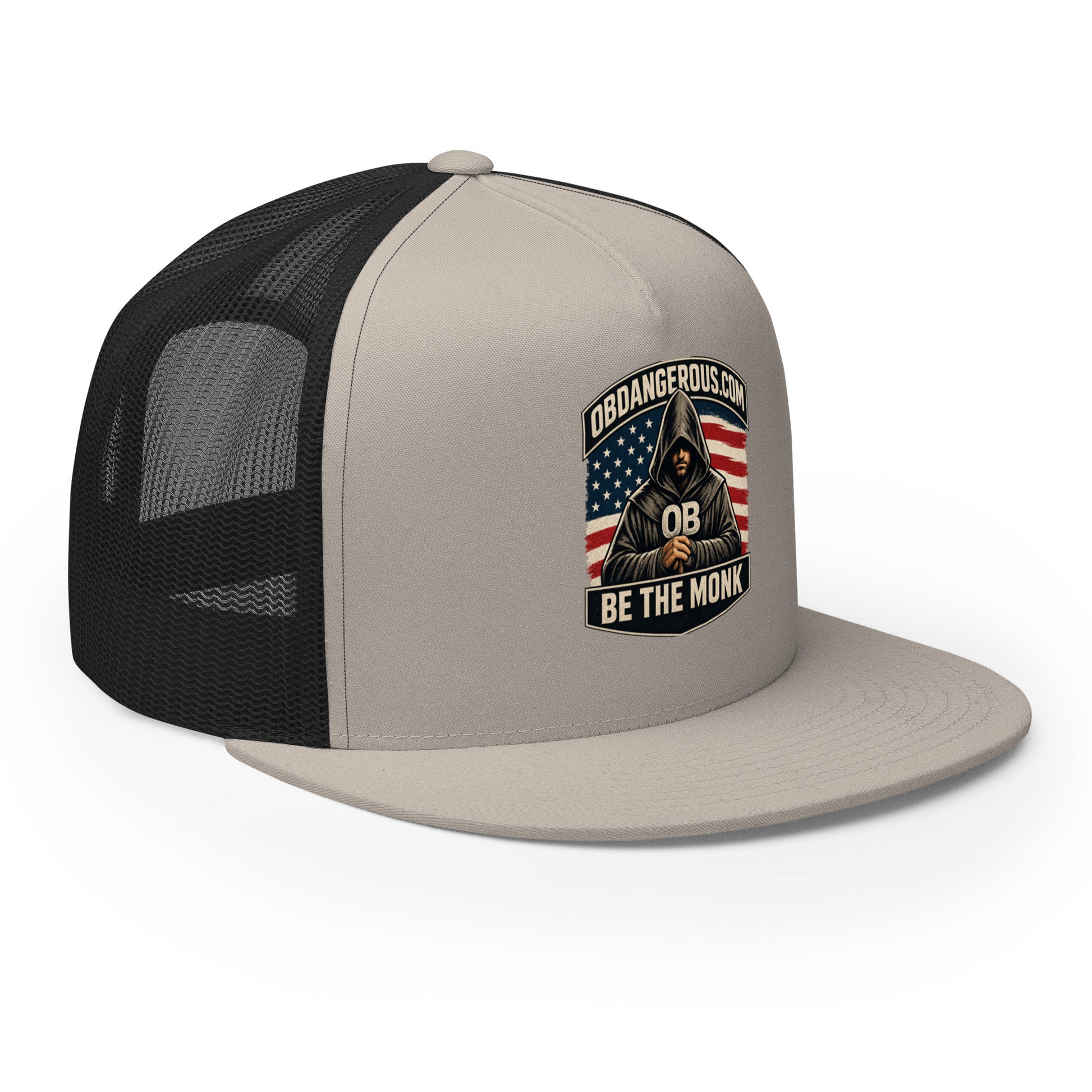 Silver and black embroidered Be The Monk trucker cap by OB DANGEROUS, featuring a 5-panel design, right-front view.