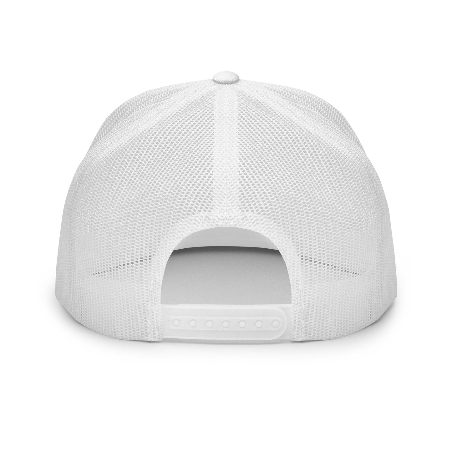 White embroidered Be The Monk trucker cap by OB DANGEROUS, featuring a 5-panel design, ideal for gym and streetwear styles.
