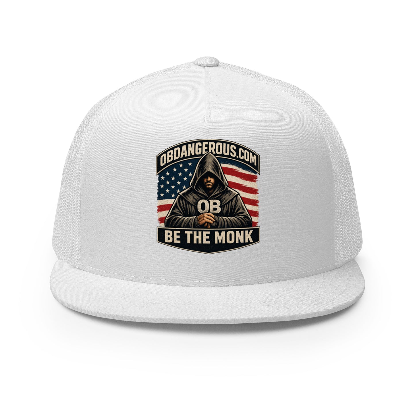 White embroidered Be The Monk trucker cap by OB DANGEROUS, featuring a 5-panel design for gym, street, and casual wear.