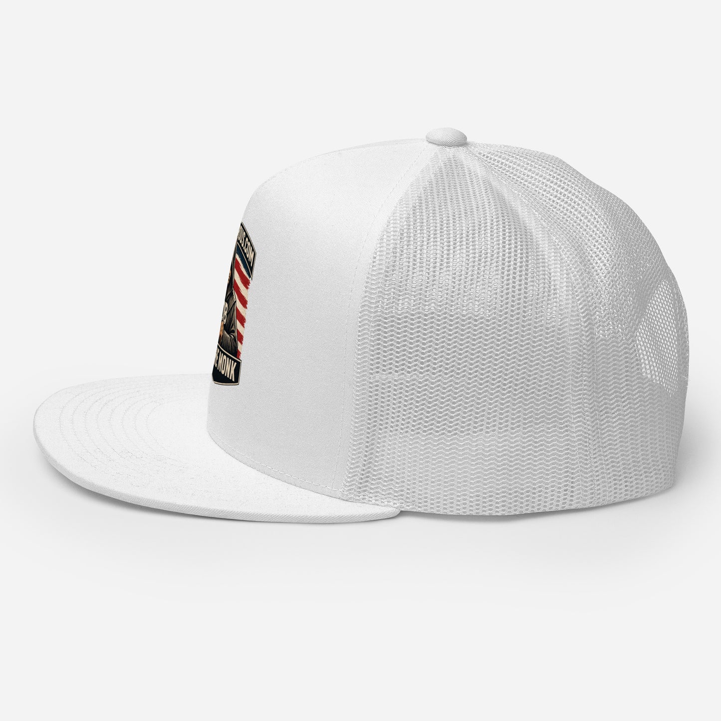 White embroidered Be The Monk trucker cap by OB DANGEROUS, 5-panel design, suitable for gym and streetwear styles.