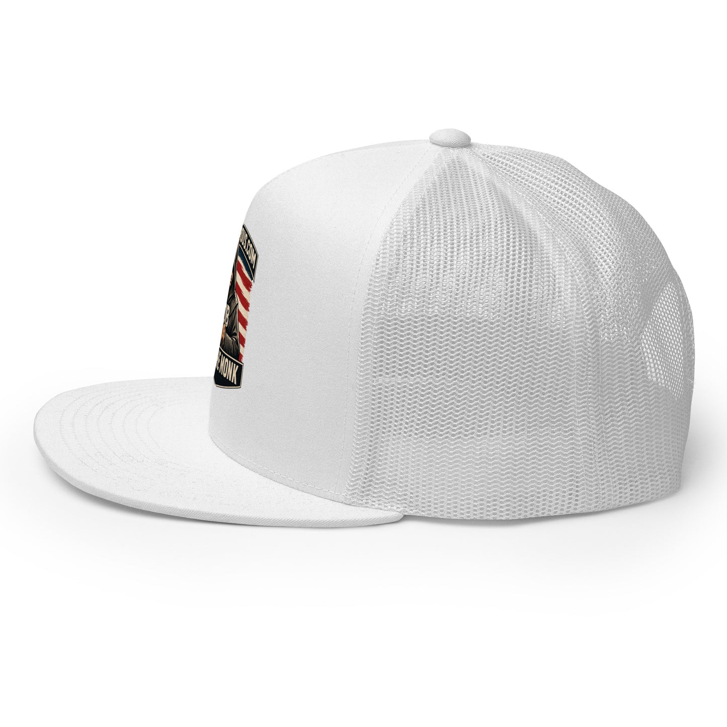 White embroidered Be The Monk trucker cap with 5-panel design, suitable for gym, streetwear, and casual wear by OB DANGEROUS.