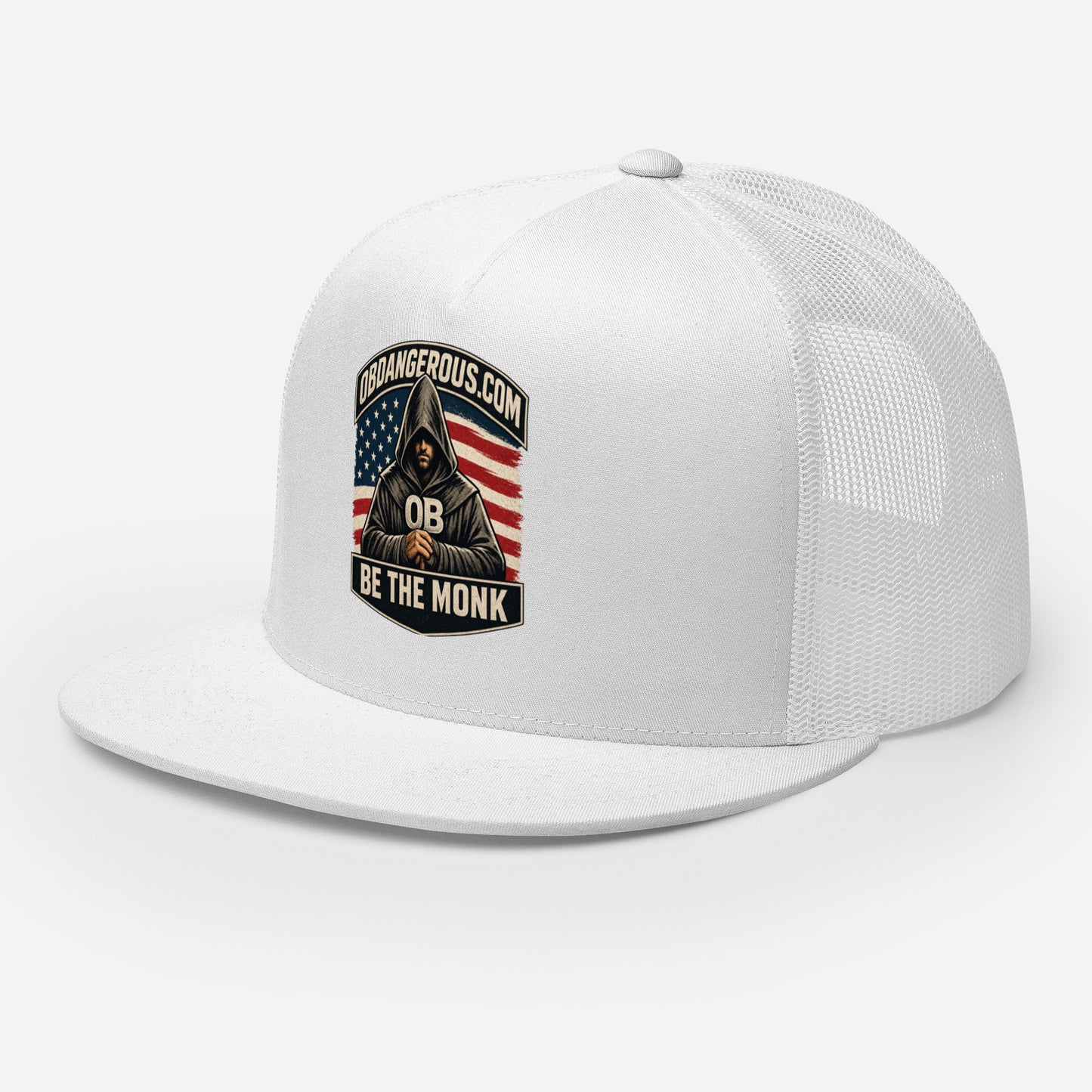White embroidered Be The Monk trucker cap by OB DANGEROUS, featuring a 5-panel design on the front for gym and streetwear style.