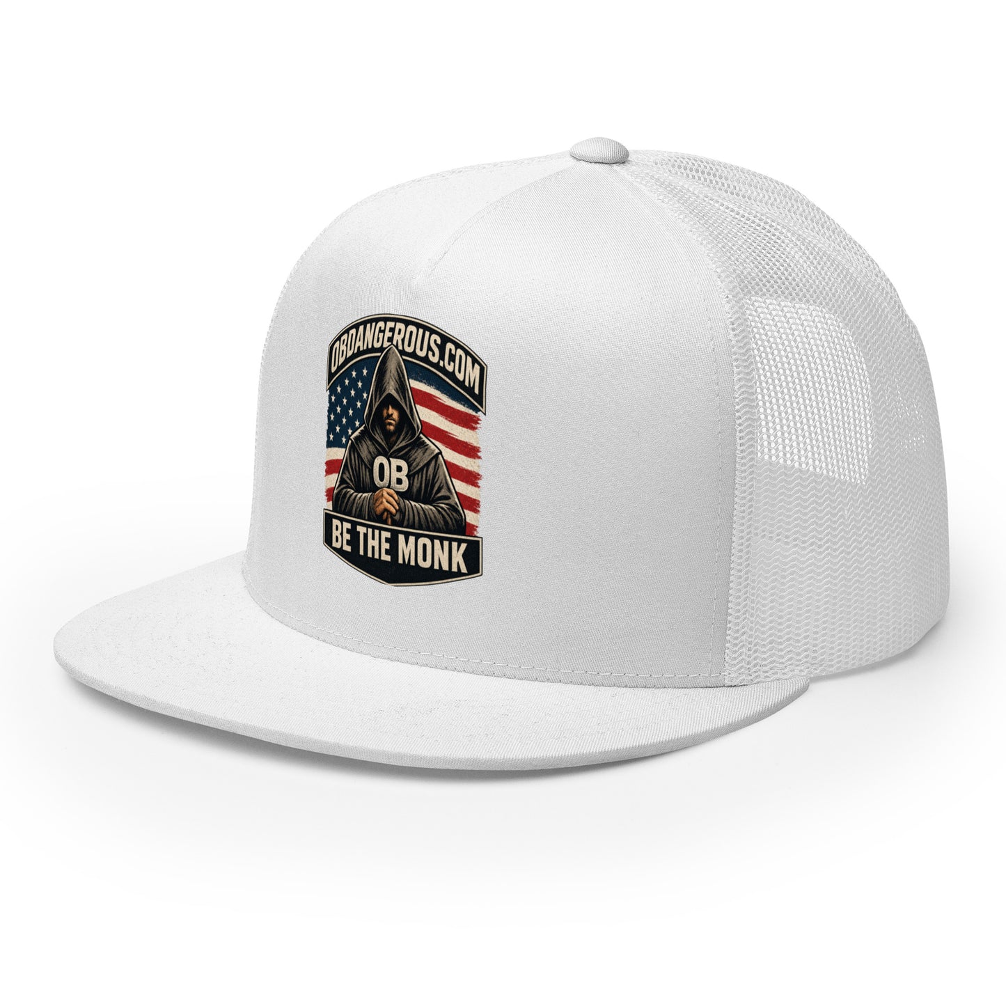White embroidered Be The Monk trucker cap by OB DANGEROUS with 5-panel design, suitable for gym, street, and casual wear.