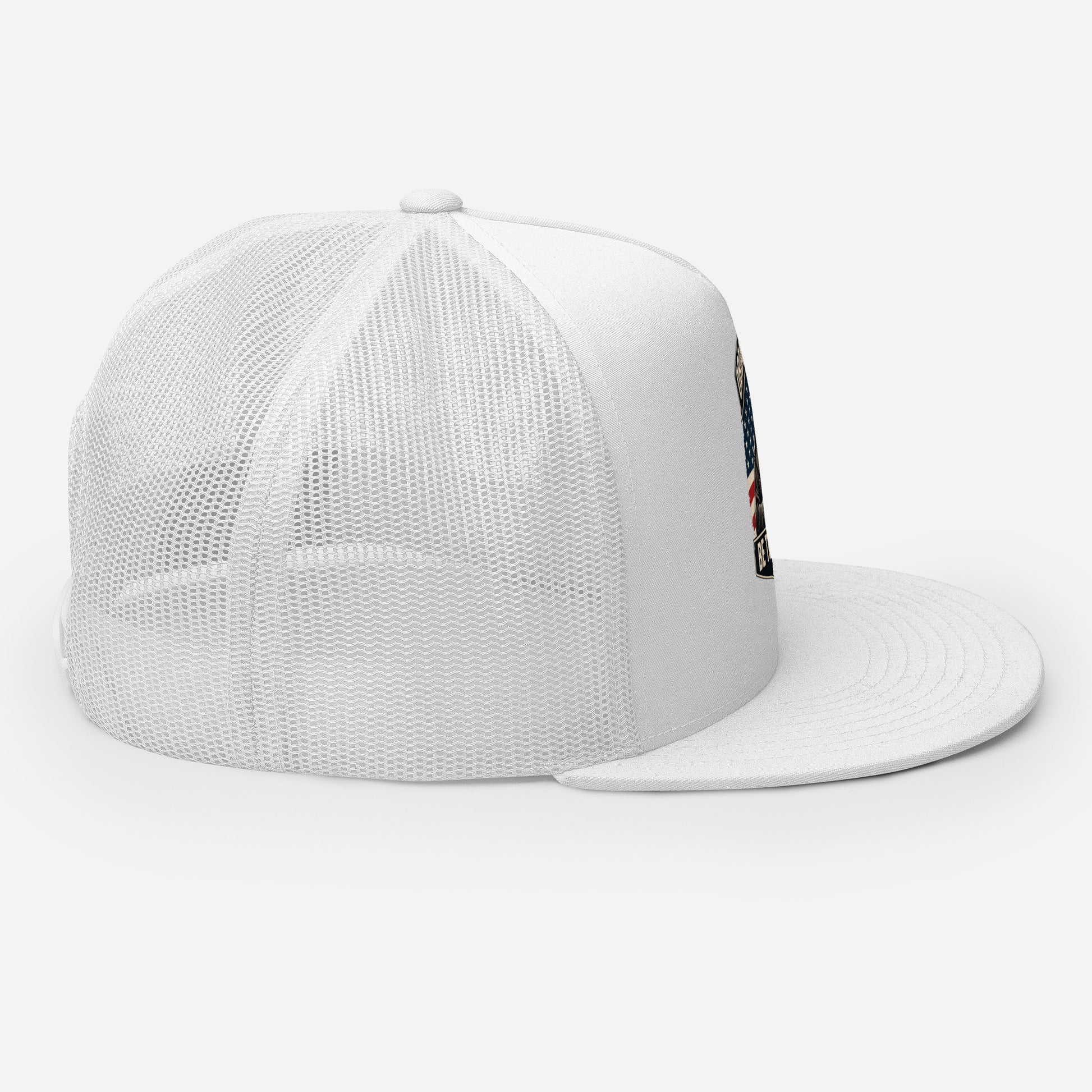 White embroidered Be The Monk trucker cap by OB DANGEROUS with 5-panel design, suitable for gym, streetwear, and casual style