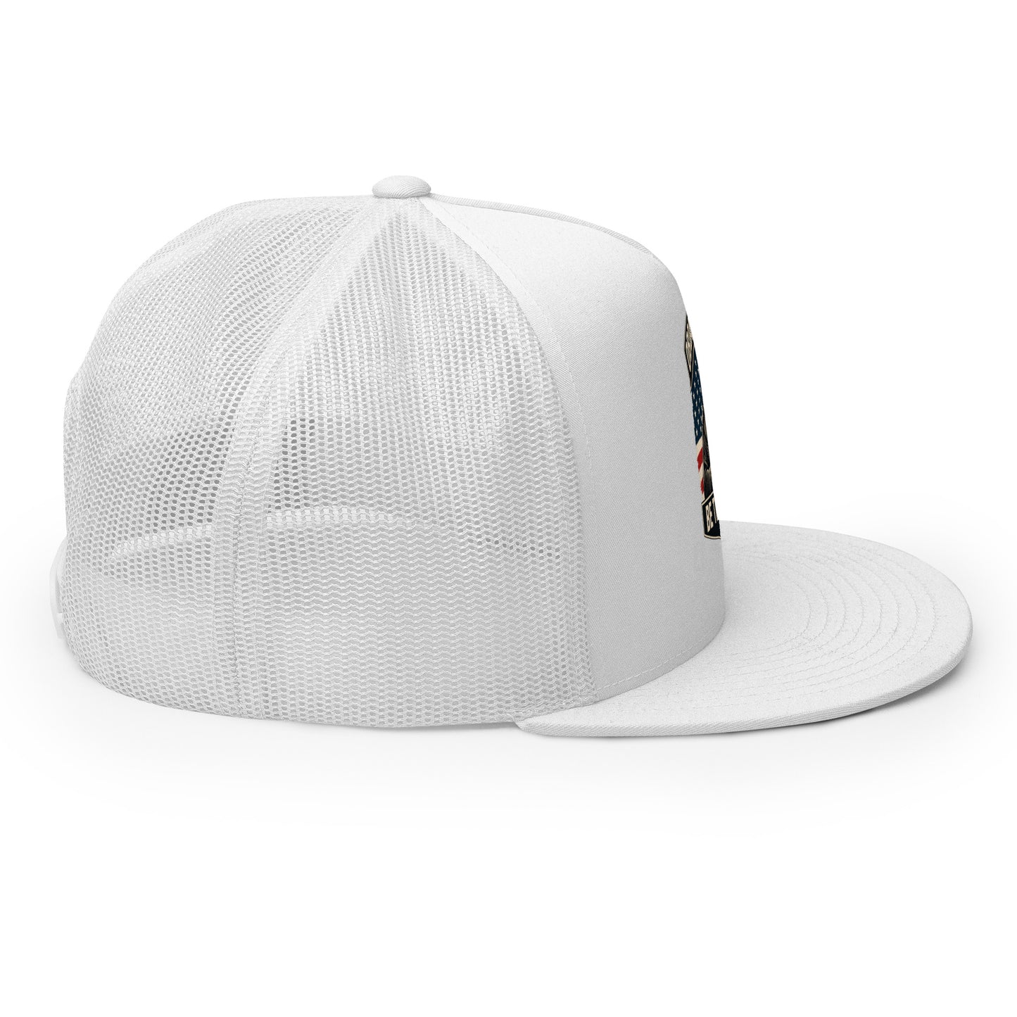 White OB DANGEROUS Be The Monk embroidered trucker cap with 5-panel design, suitable for gym and streetwear styles.
