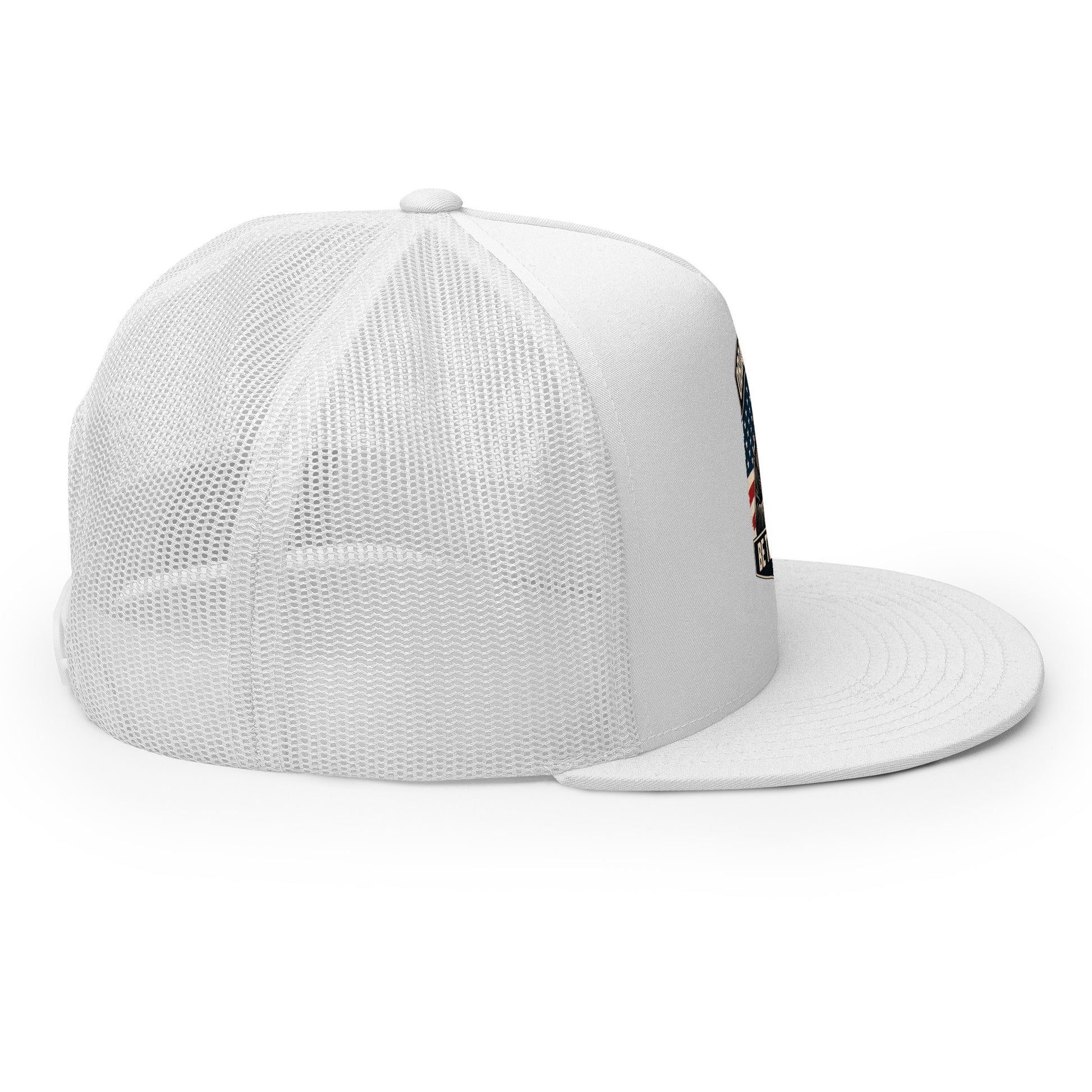 White OB DANGEROUS Be The Monk embroidered trucker cap with 5-panel design, suitable for gym and streetwear styles.