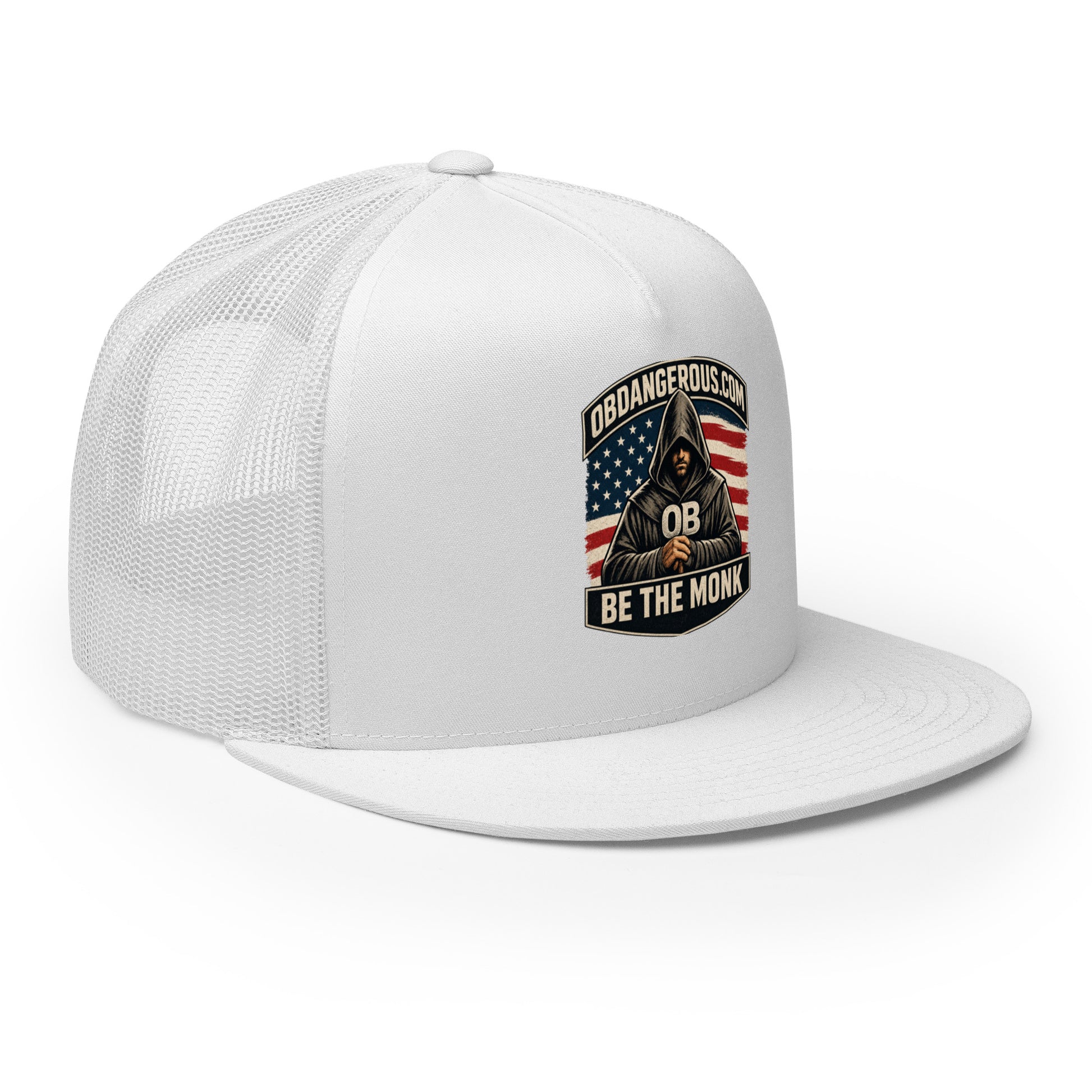 White OB DANGEROUS Be The Monk embroidered trucker cap with 5-panel design, shown from the right front view.