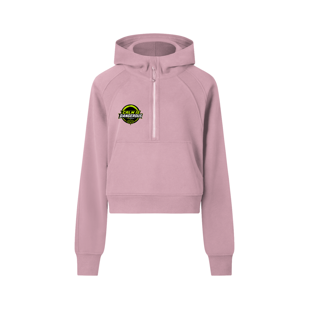 ODMPOD OB Dangerous "Calm is Dangerous" cropped half-zip hoodie, black with white text, casual streetwear style.