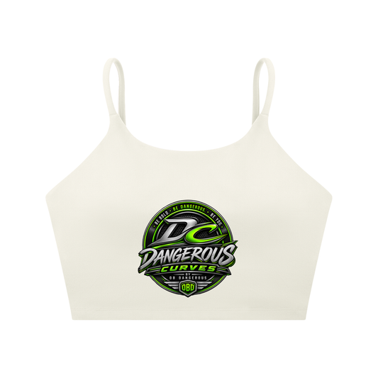 ODMPOD Dangerous Curves spaghetti strap yoga sports bra in black, featuring sleek design and supportive fit for active wear.
