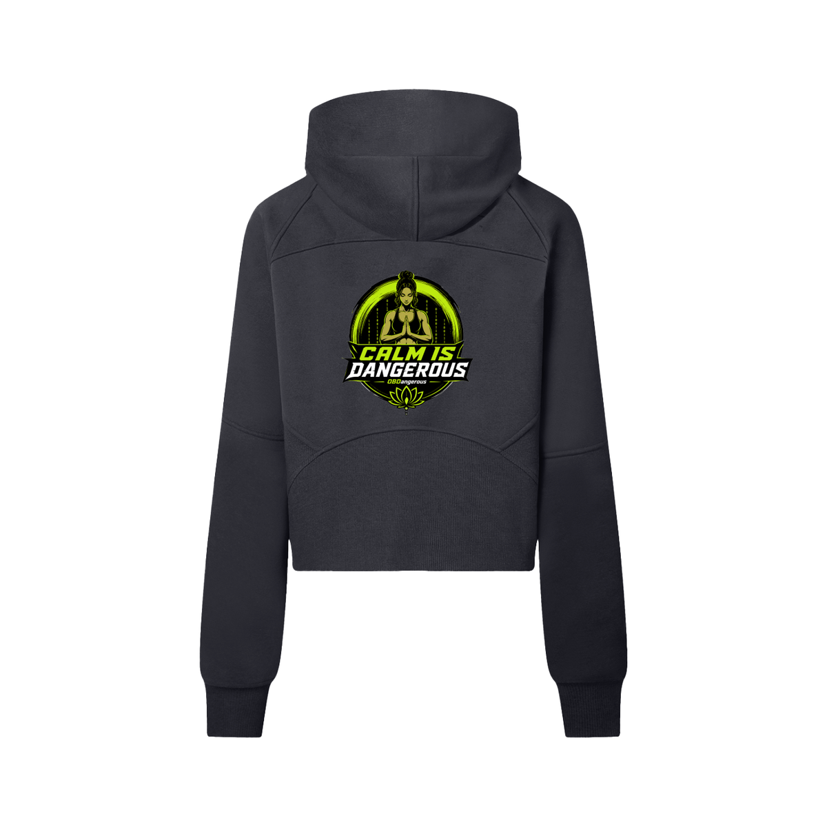 ODMPOD OB Dangerous "Calm is Dangerous" cropped half-zip hoodie, featuring the Quiet Ones Hit Different design on front.