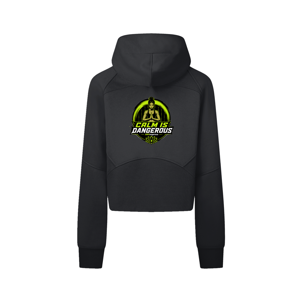 ODMPOD Calm Is Dangerous cropped zip-through hoodie with drawstring hood and front pockets, in a stylish casual design.