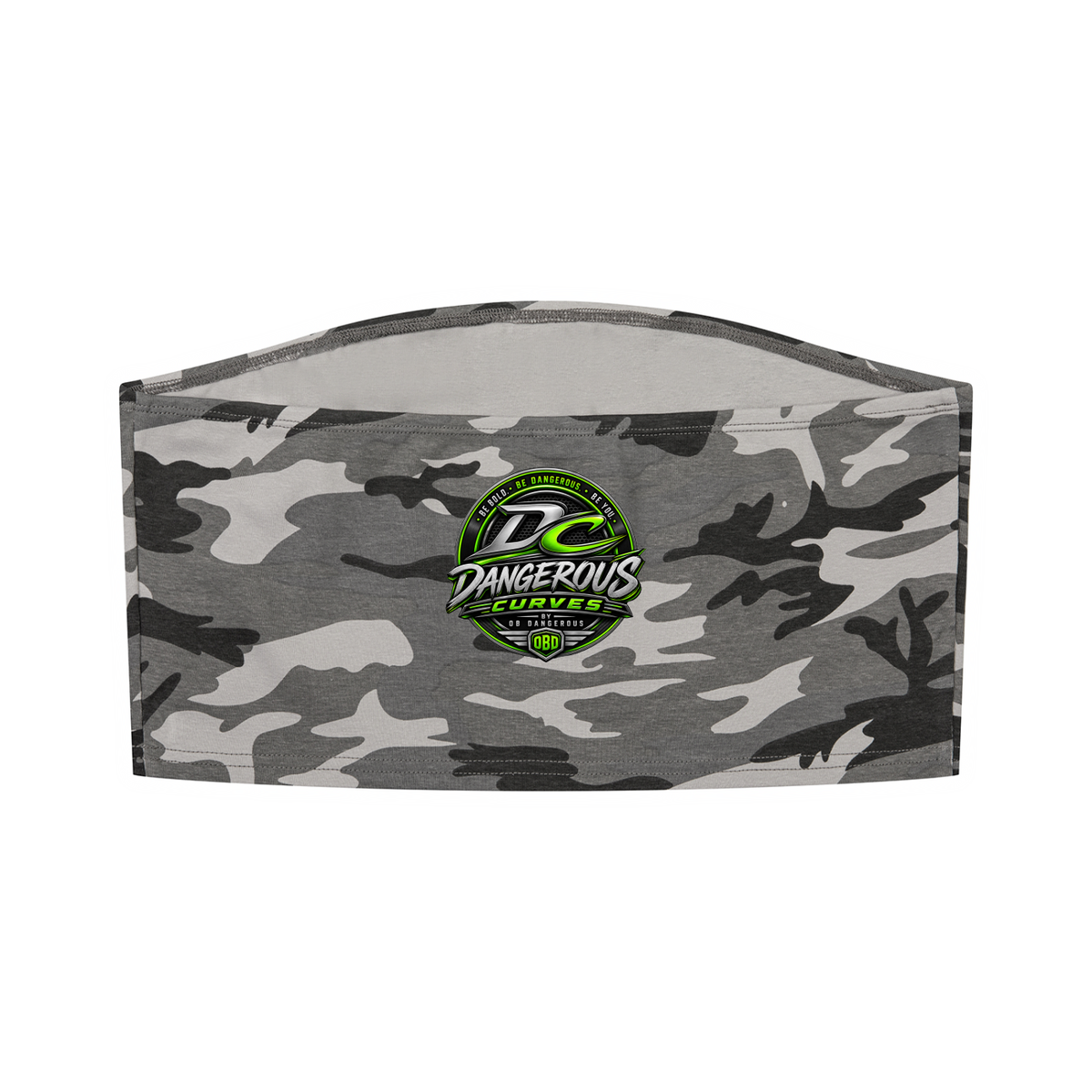 ODMPOD Dangerous Curves women's camo cropped tube top with a fitted, stylish design and bold camouflage pattern.