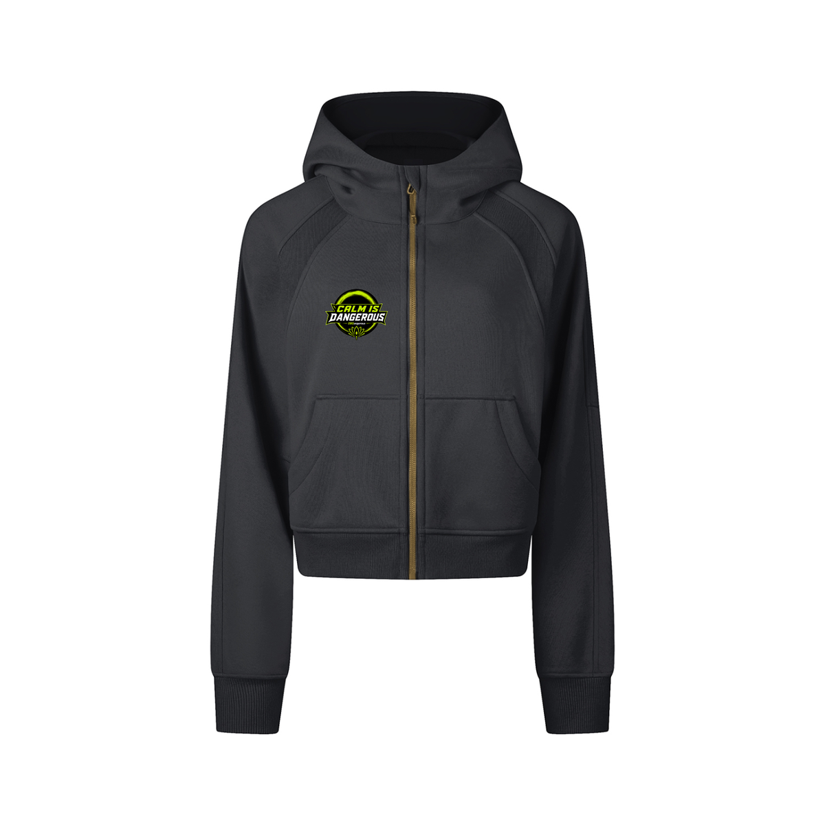 ODMPOD Calm Is Dangerous cropped zip-through hoodie with front pockets, featuring a bold graphic design on soft fabric.