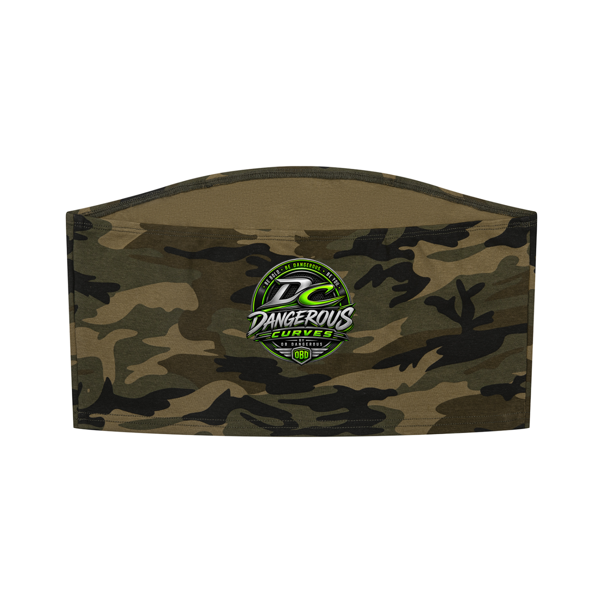 Women’s camo cropped tube top by ODMPOD featuring a fitted, sleeveless design with a bold camouflage pattern.