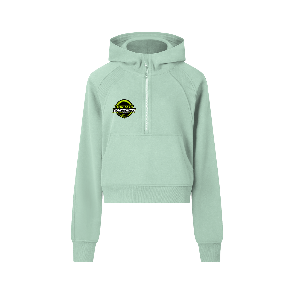 ODMPOD OB Dangerous "Calm is Dangerous" cropped half-zip sweatshirt featuring bold text and a relaxed fit design.
