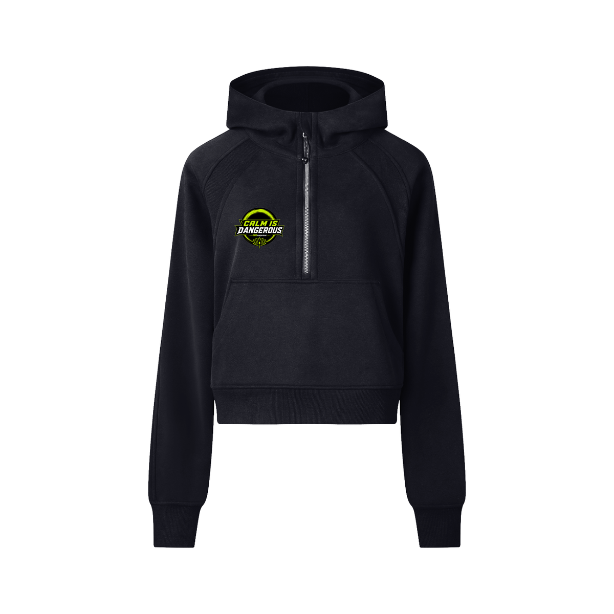 ODMPOD OB Dangerous "Calm is Dangerous" cropped half-zip sweatshirt with logo and bold design, casual streetwear style.