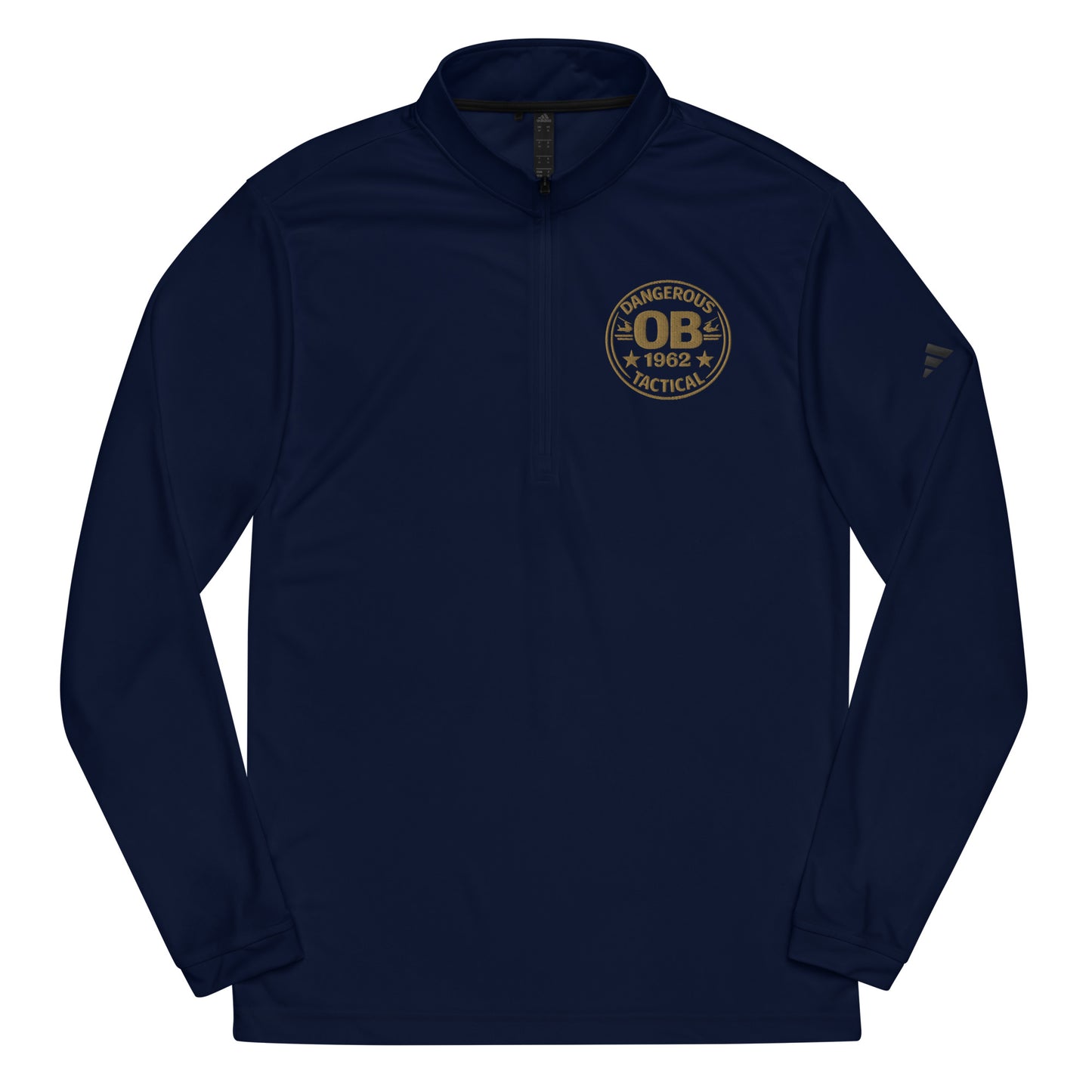 Embroidery on a navy OB DANGEROUS quarter zip pullover, suitable for gym and street wear, with a front design detail.