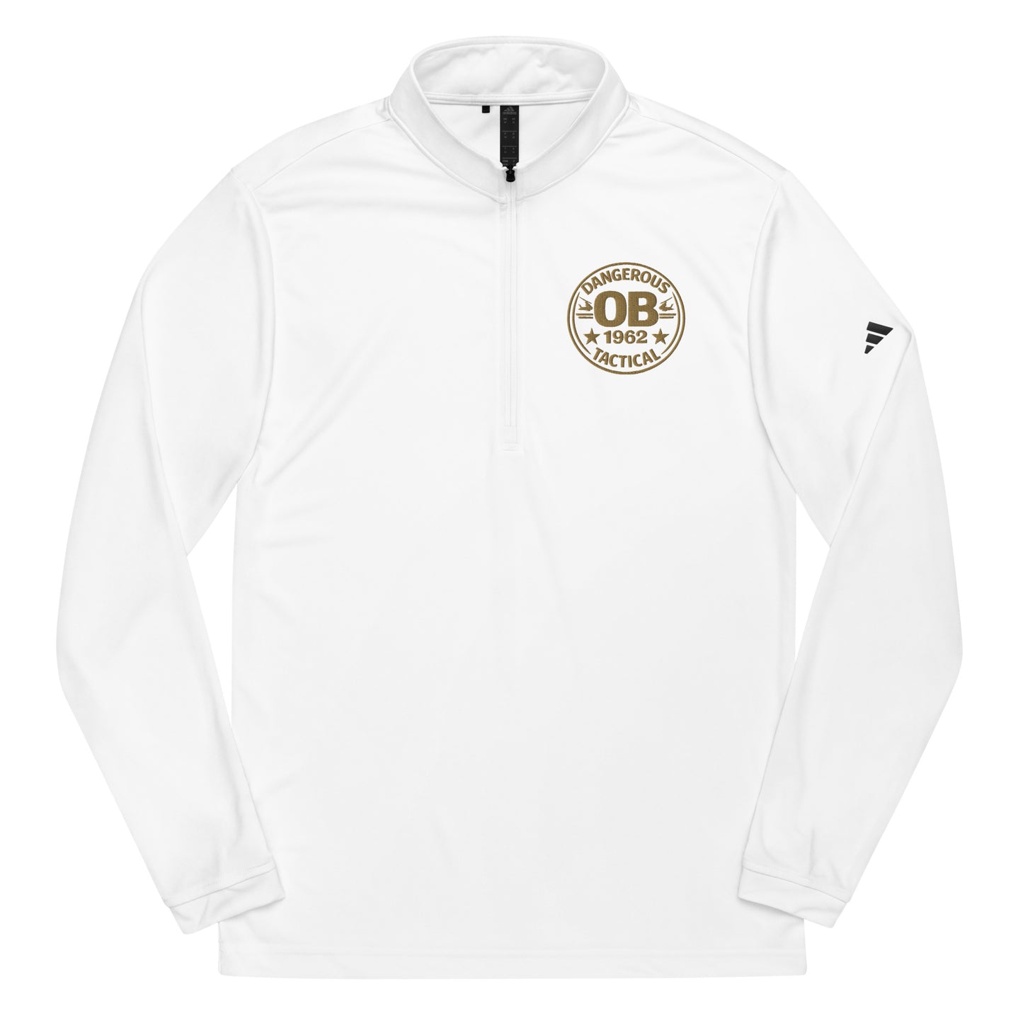 White embroidered OB DANGEROUS quarter zip pullover designed for gym and street wear, featuring a stylish front embroidery.