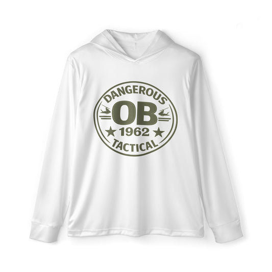 All-over-print men's Retro OBdangerous Sports warmup hoodie featuring bold design, long sleeves, and front pocket, casual athletic style.