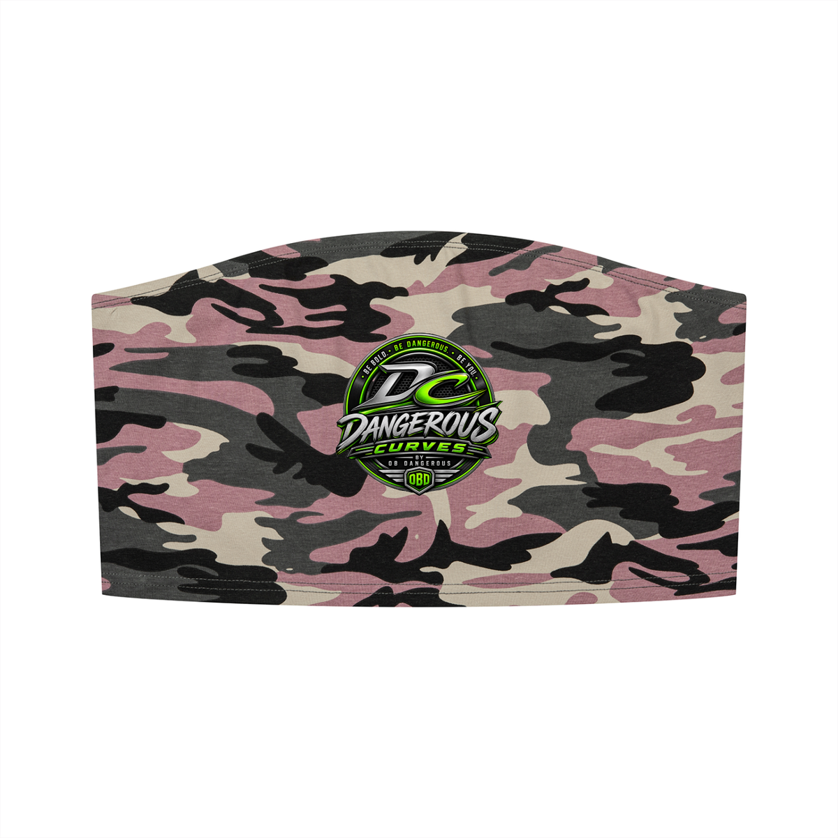 ODMPOD Dangerous Curves women's camo cropped tube top shown in olive green with fitted style and adjustable straps.