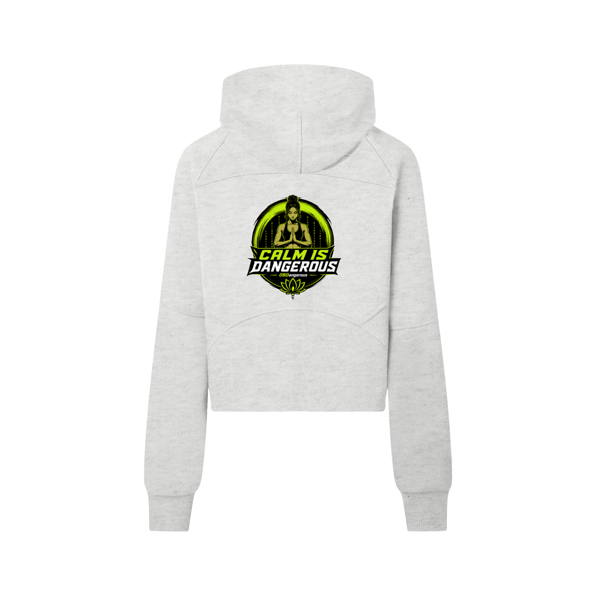 ODMPOD OB Dangerous "Calm is Dangerous" cropped half-zip hoodie featuring bold graphic design and comfortable fit.