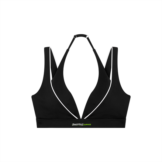 ODMPOD Dangerous Curves women’s halter neck yoga sports bra, black with supportive design, ideal for activewear and workouts
