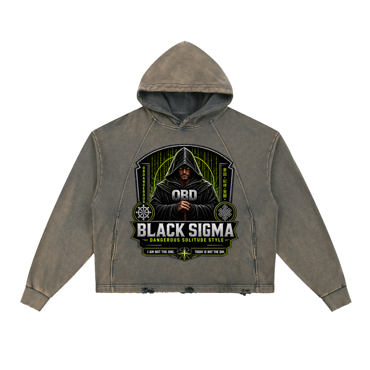 Black Sigma Vintage Washed Frayed-Hem Hoodie