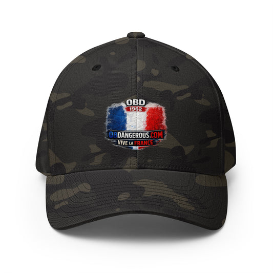 OB DANGEROUS Viva Le France structured twill cap with embroidery, black Multicam design, closed-back, suitable for gym and streetwear.