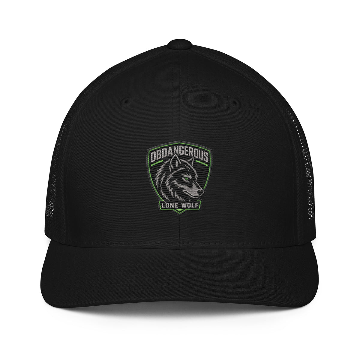 Black Lone Wolf OBD embroidered closed-back trucker cap by OB DANGEROUS, featuring front embroidery and adjustable mesh back.