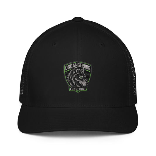 Black Lone Wolf OBD embroidered closed-back trucker cap by OB DANGEROUS, featuring front embroidery and adjustable mesh back.