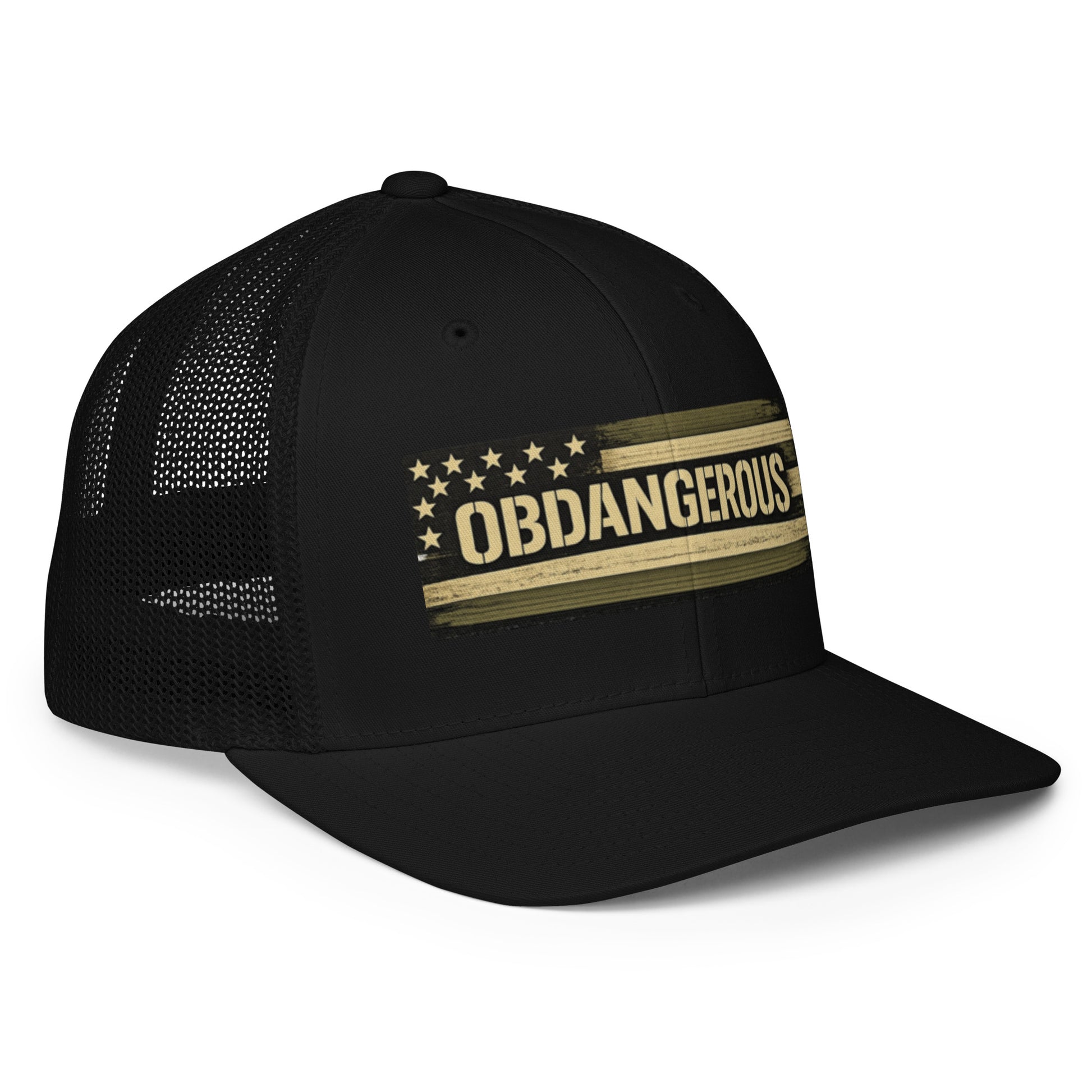 Black closed-back trucker cap with embroidery, featuring a right-front view, from OB DANGEROUS designed for gym and street wear.